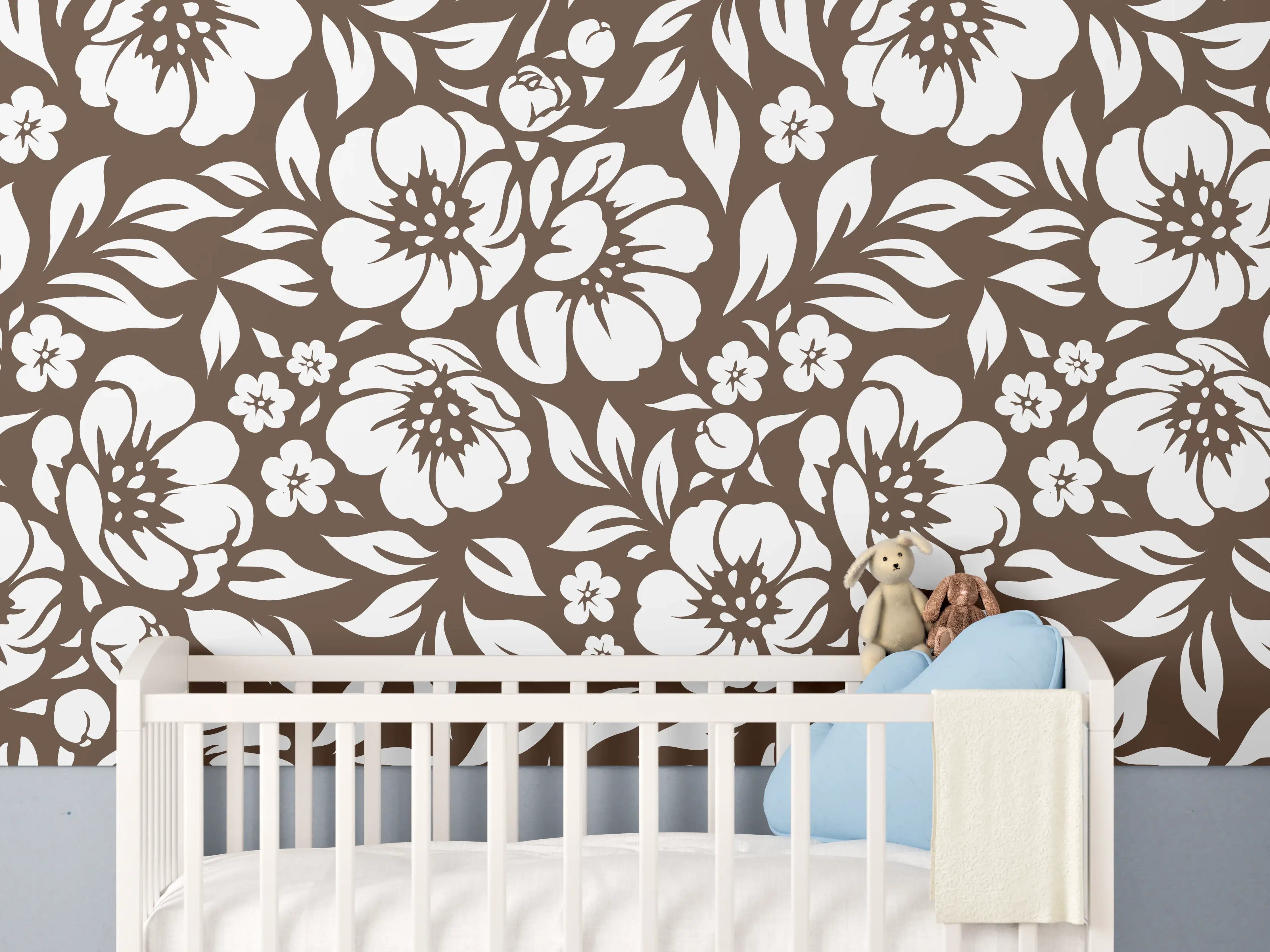 Babyzimmer Wandgestaltung - Blumenmuster mit braunen Akzenten