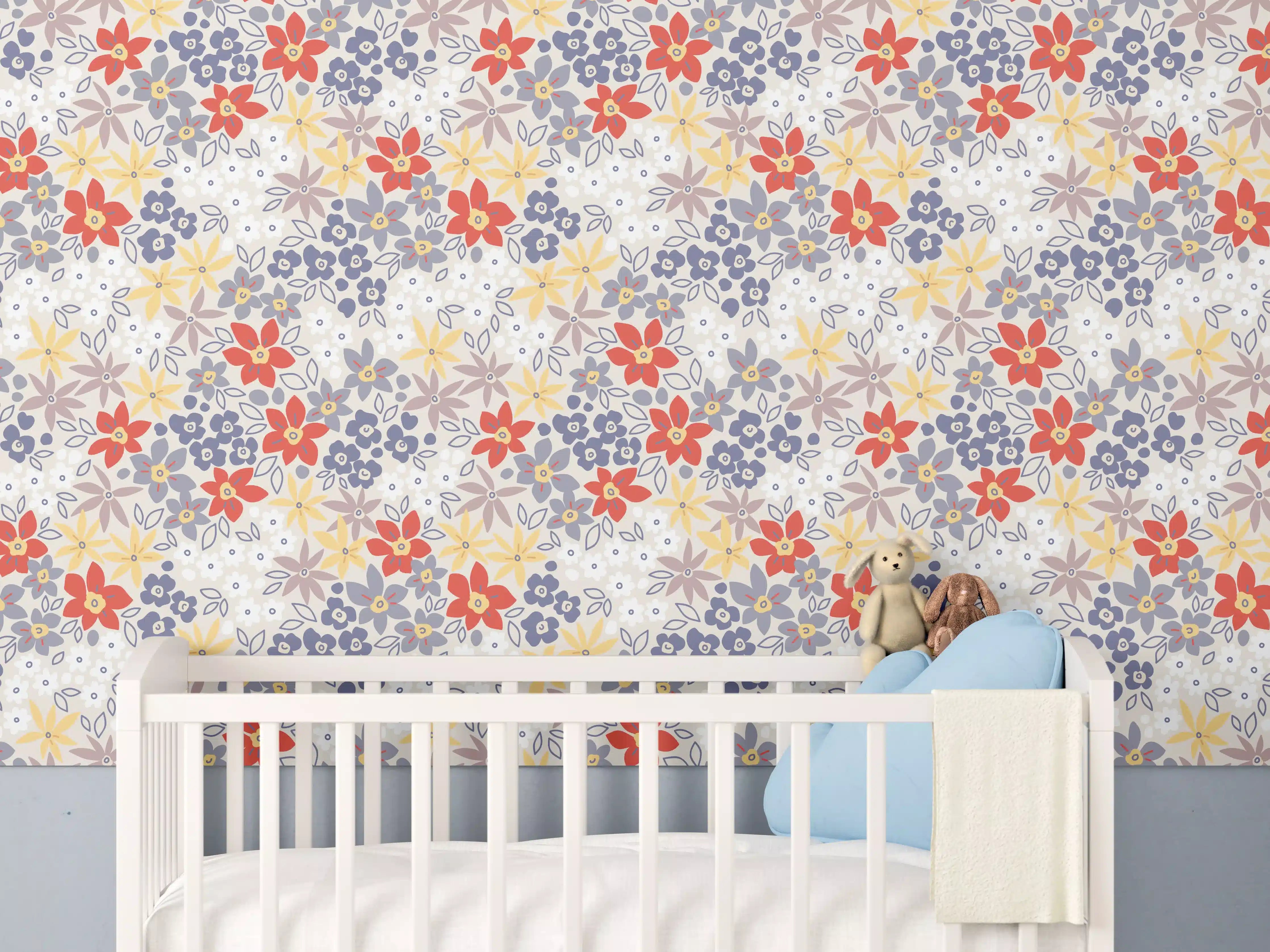 Babyzimmer Wandgestaltung - Blumenmuster mit bunten Farbtönen