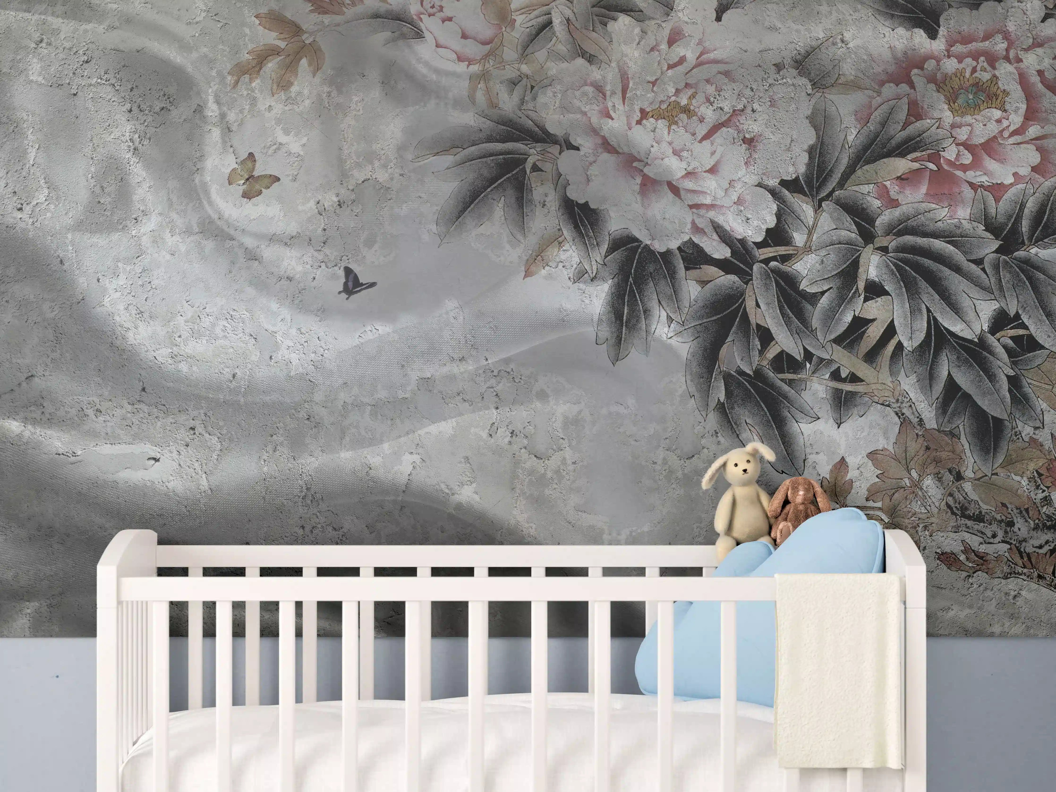 Babyzimmer Wandgestaltung - Blumenstrauß abgebildet auf Beton
