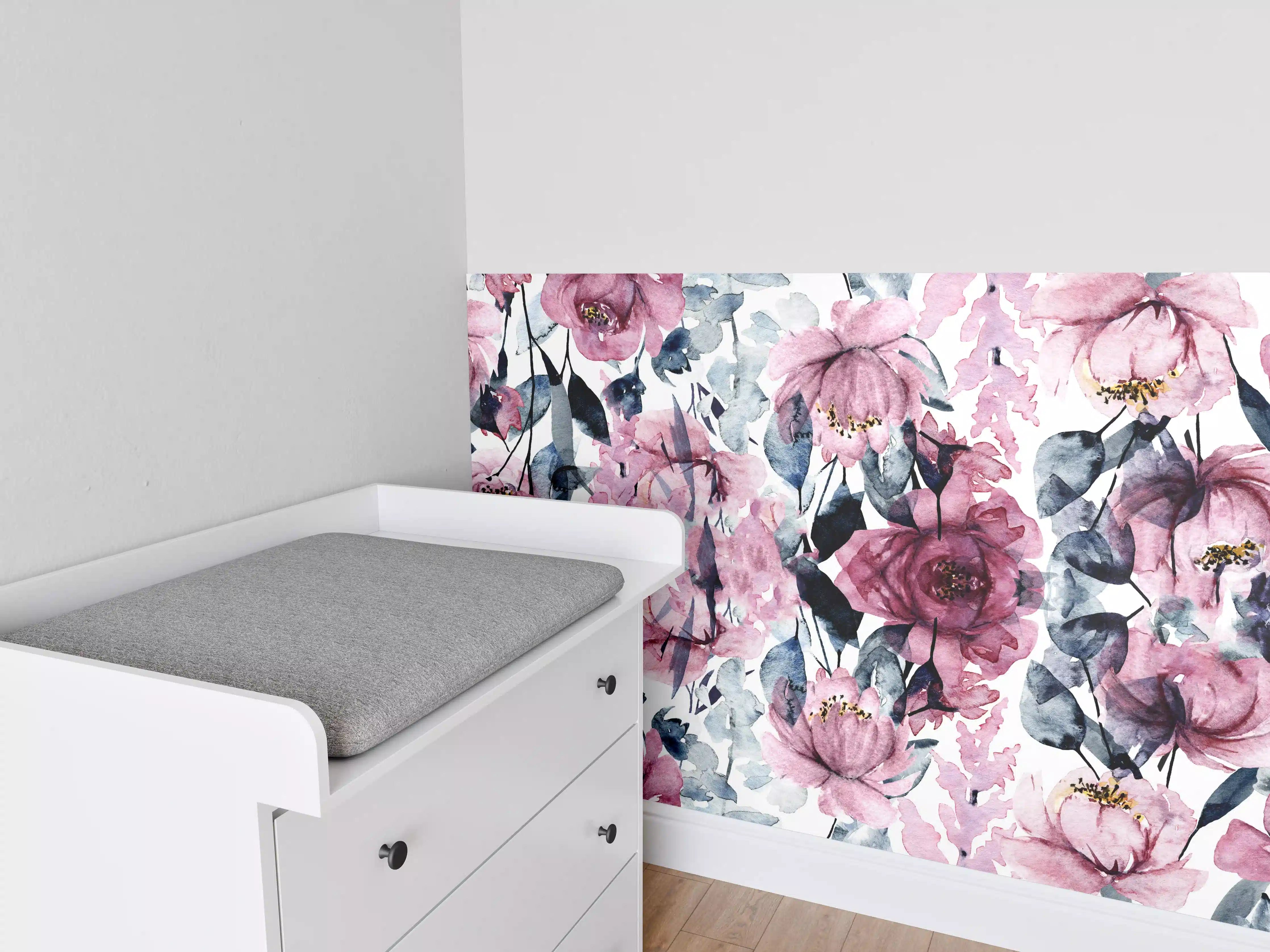 Babyzimmer Wandgestaltung - Blumige Wasserfarbe mit Rosa- und Blautönen