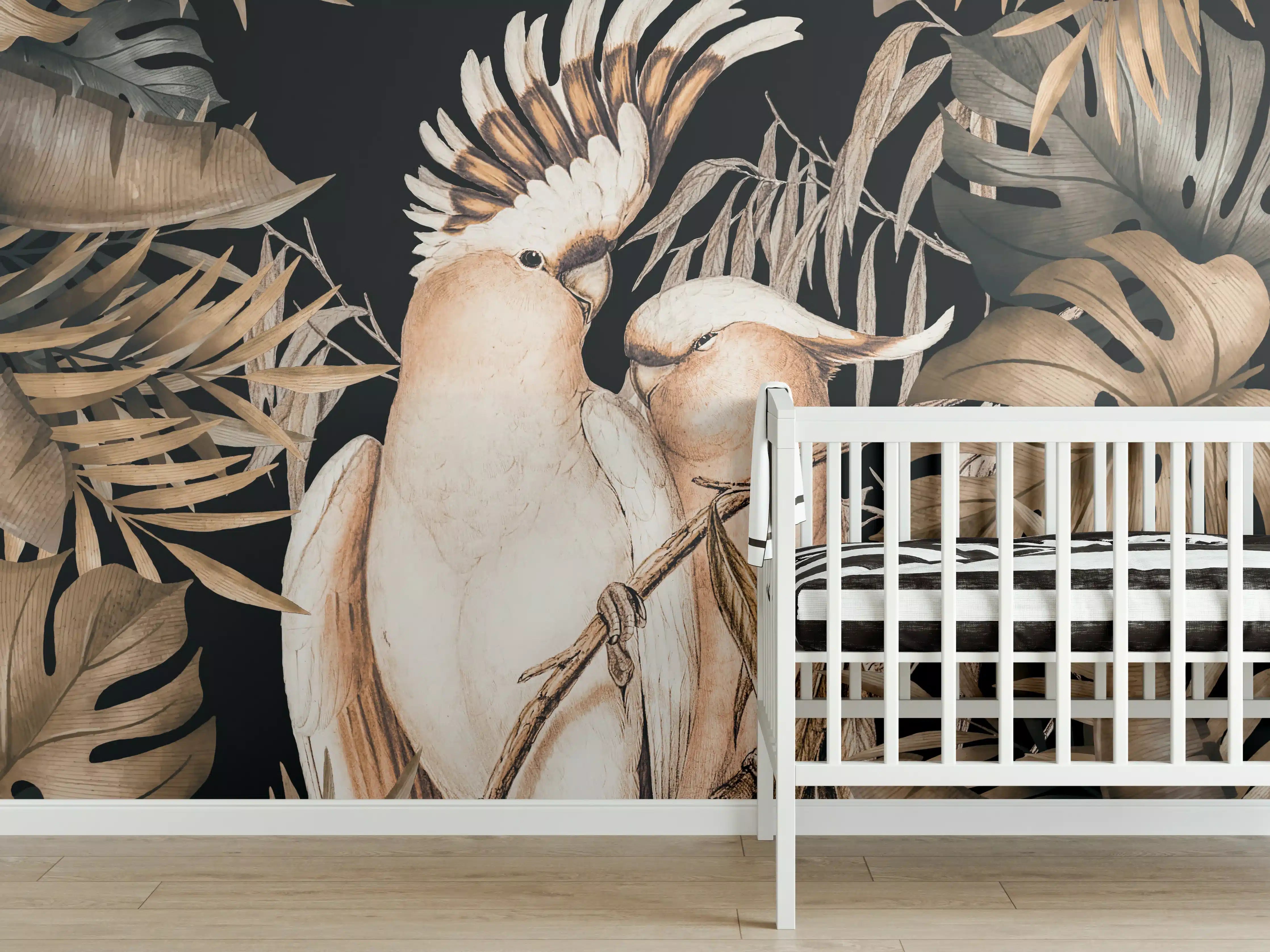 Babyzimmer Wandgestaltung - Bräunliche Kakadus Malerei