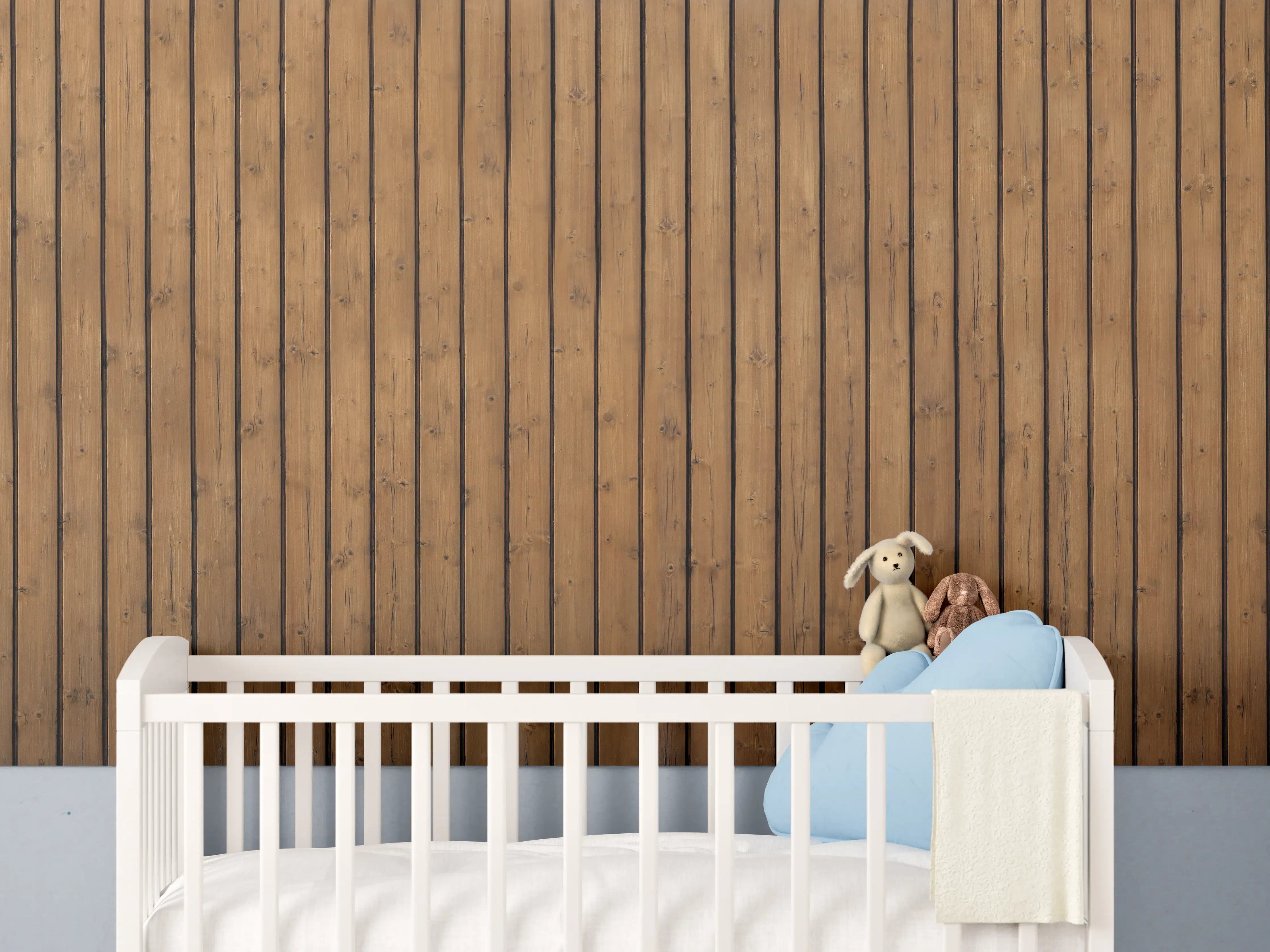Babyzimmer Wandgestaltung - Braune vertikale Holzdielen
