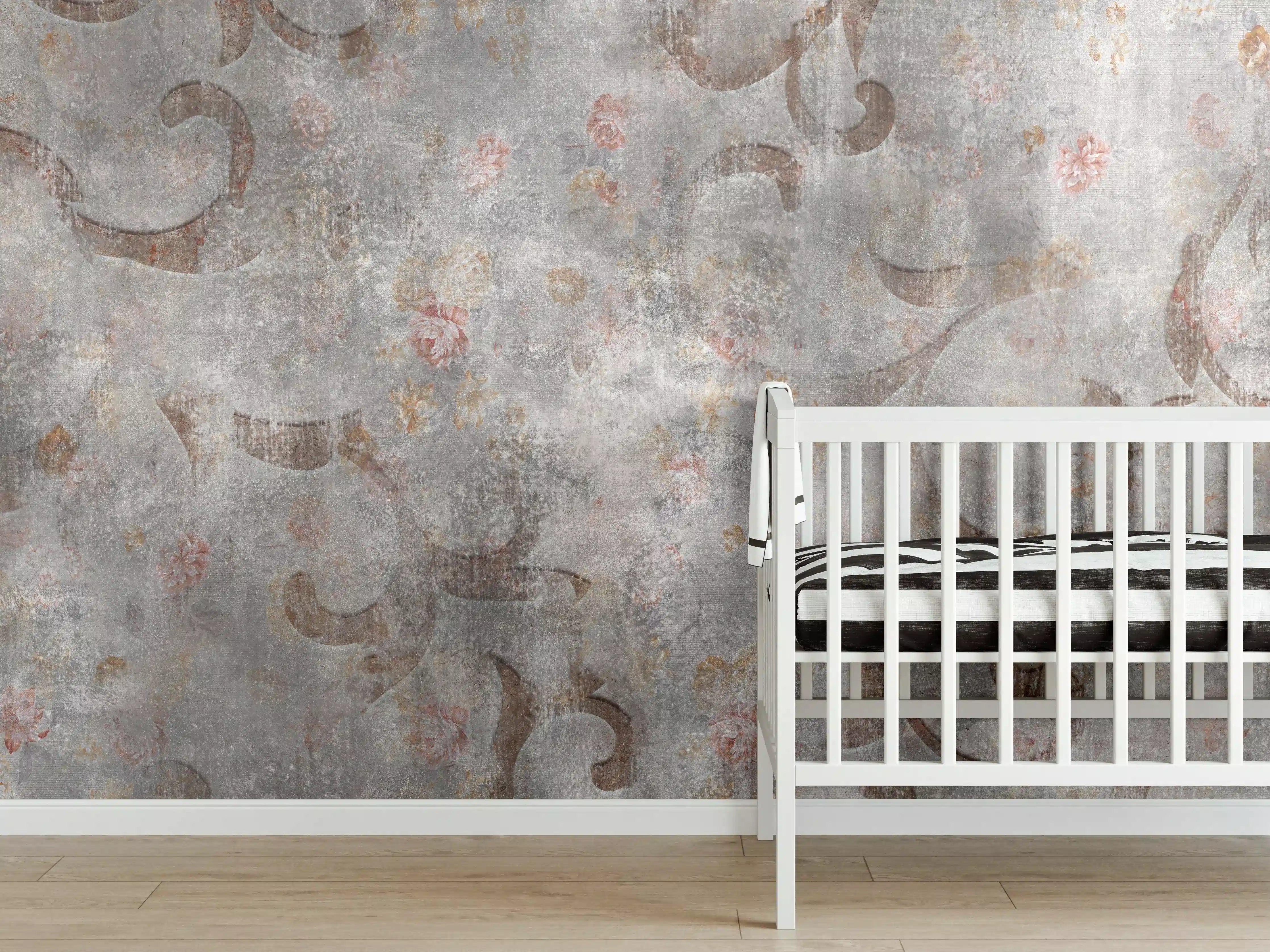 Babyzimmer Wandgestaltung - Braunes Blätter Muster auf gräulichem Zement