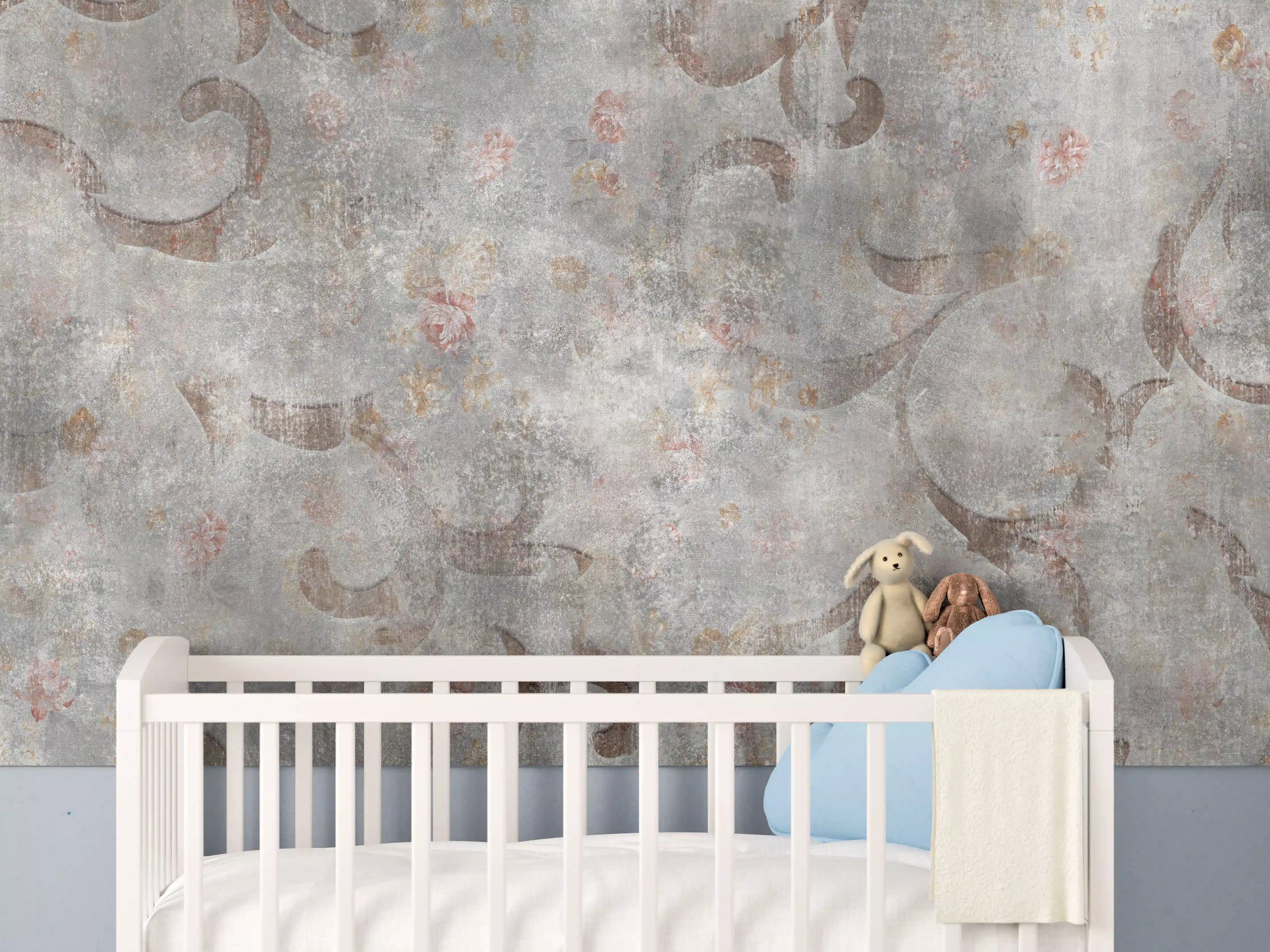 Babyzimmer Wandgestaltung - Braunes Blätter Muster auf gräulichem Zement