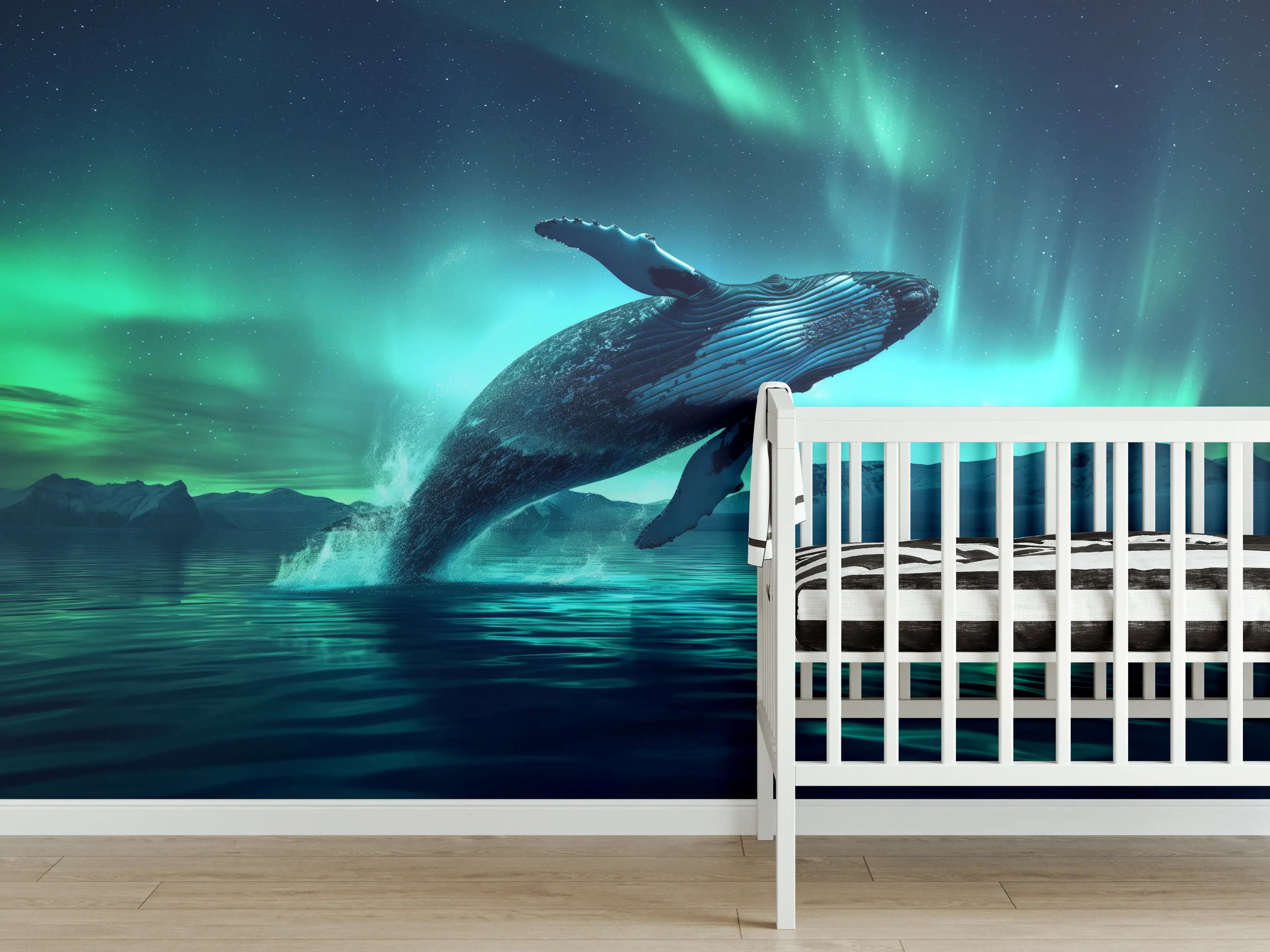 Babyzimmer Wandgestaltung - Buckelwal unter Nordlicht Türkis