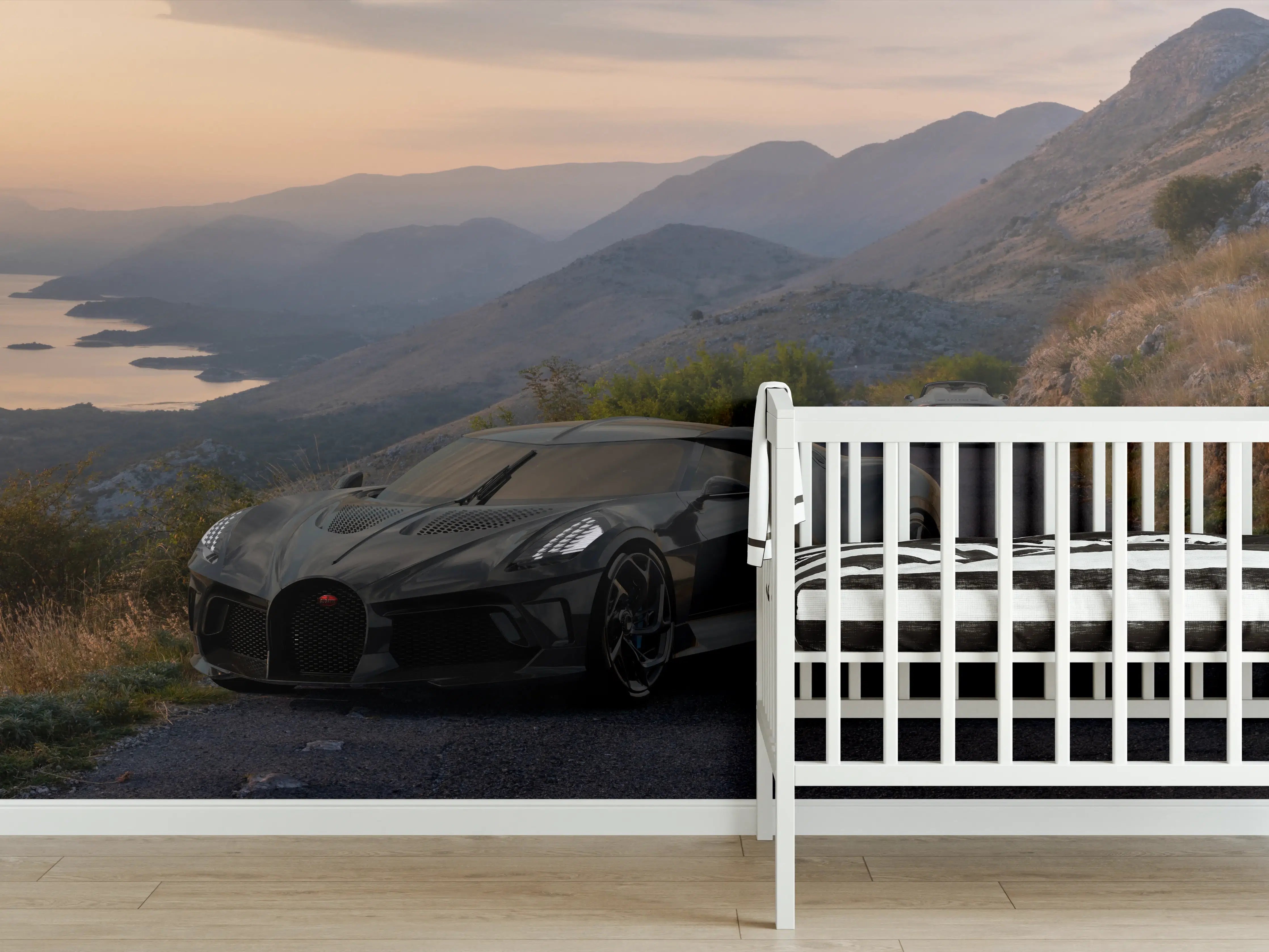 Babyzimmer Wandgestaltung - Bugatti La Voiture Noire auf einer Straße am Meer