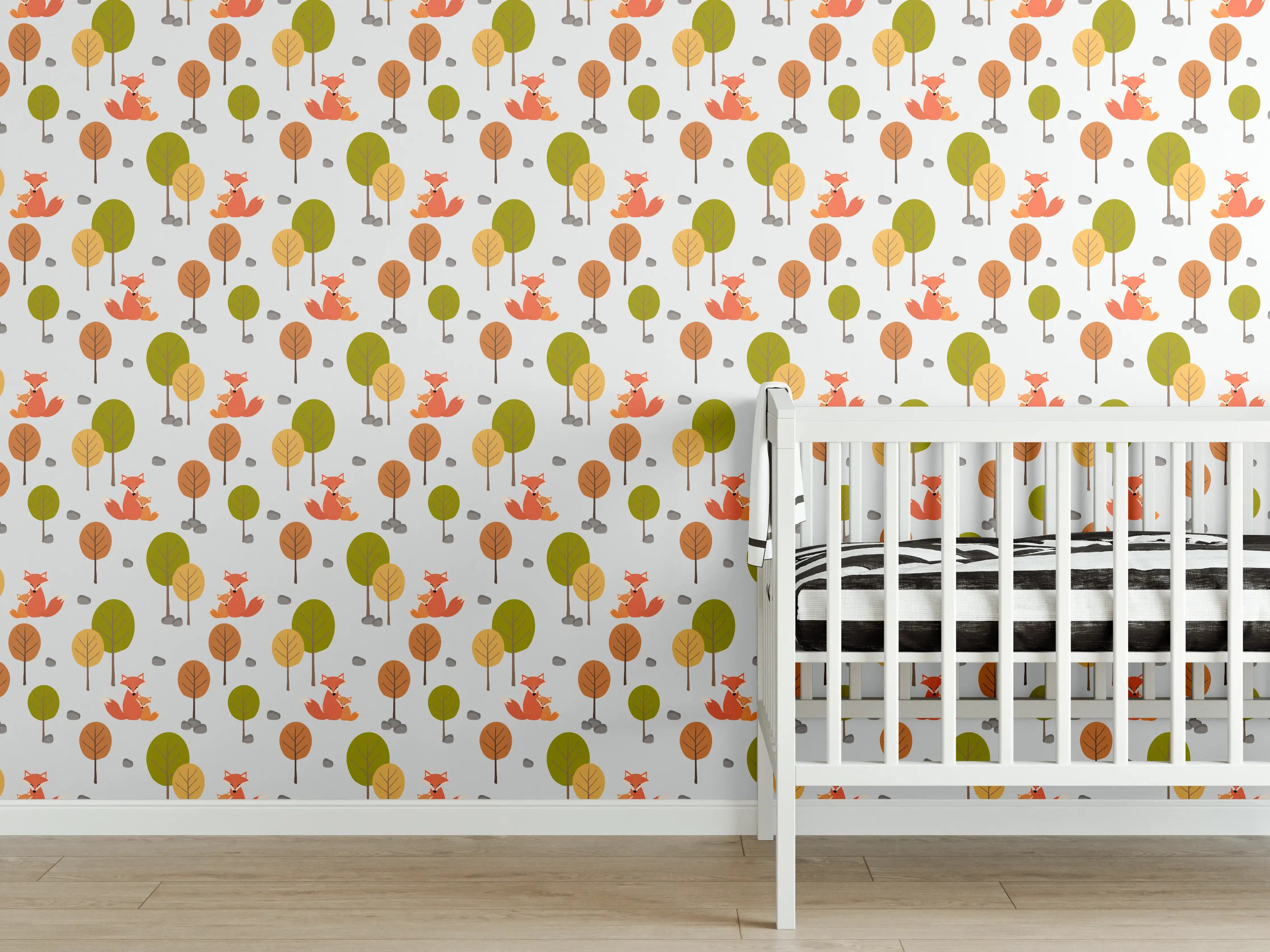 Babyzimmer Wandgestaltung - Bunte Baum-Muster mit freundlichen Farben