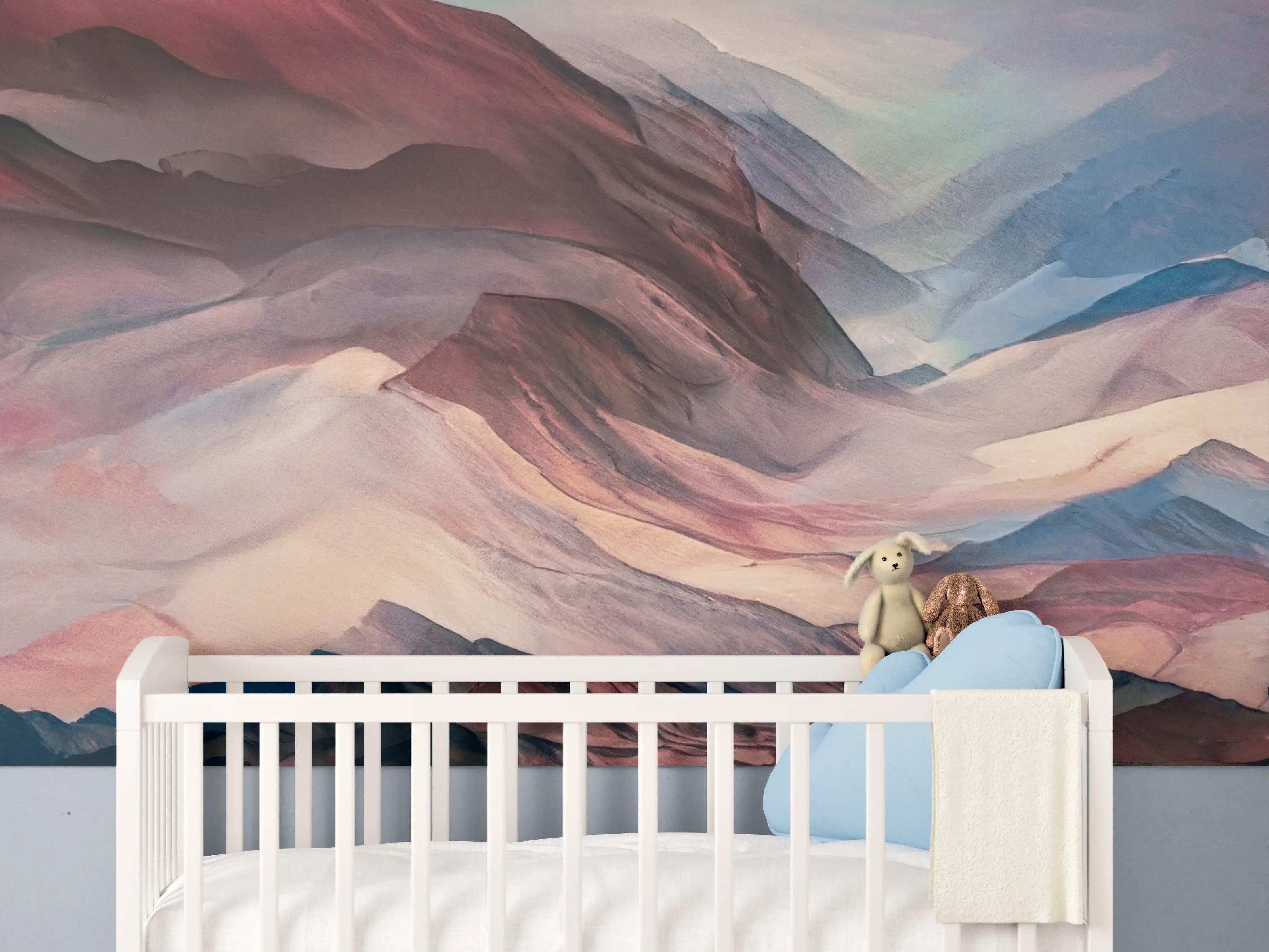Babyzimmer Wandgestaltung - Bunte Berglandschaft in Aquarelltechnik