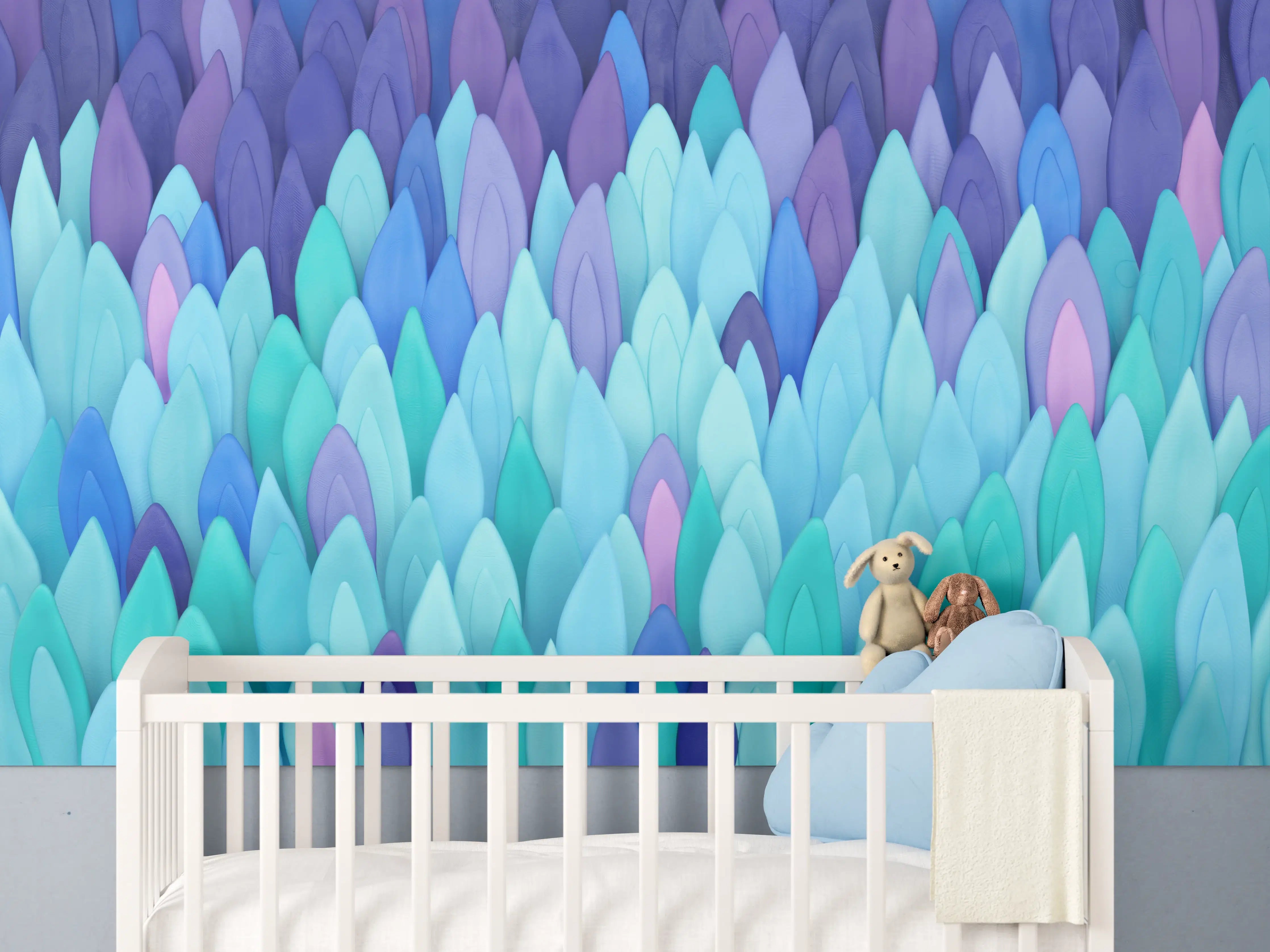 Babyzimmer Wandgestaltung - Bunte Blätter in Blau- und Lilatönen
