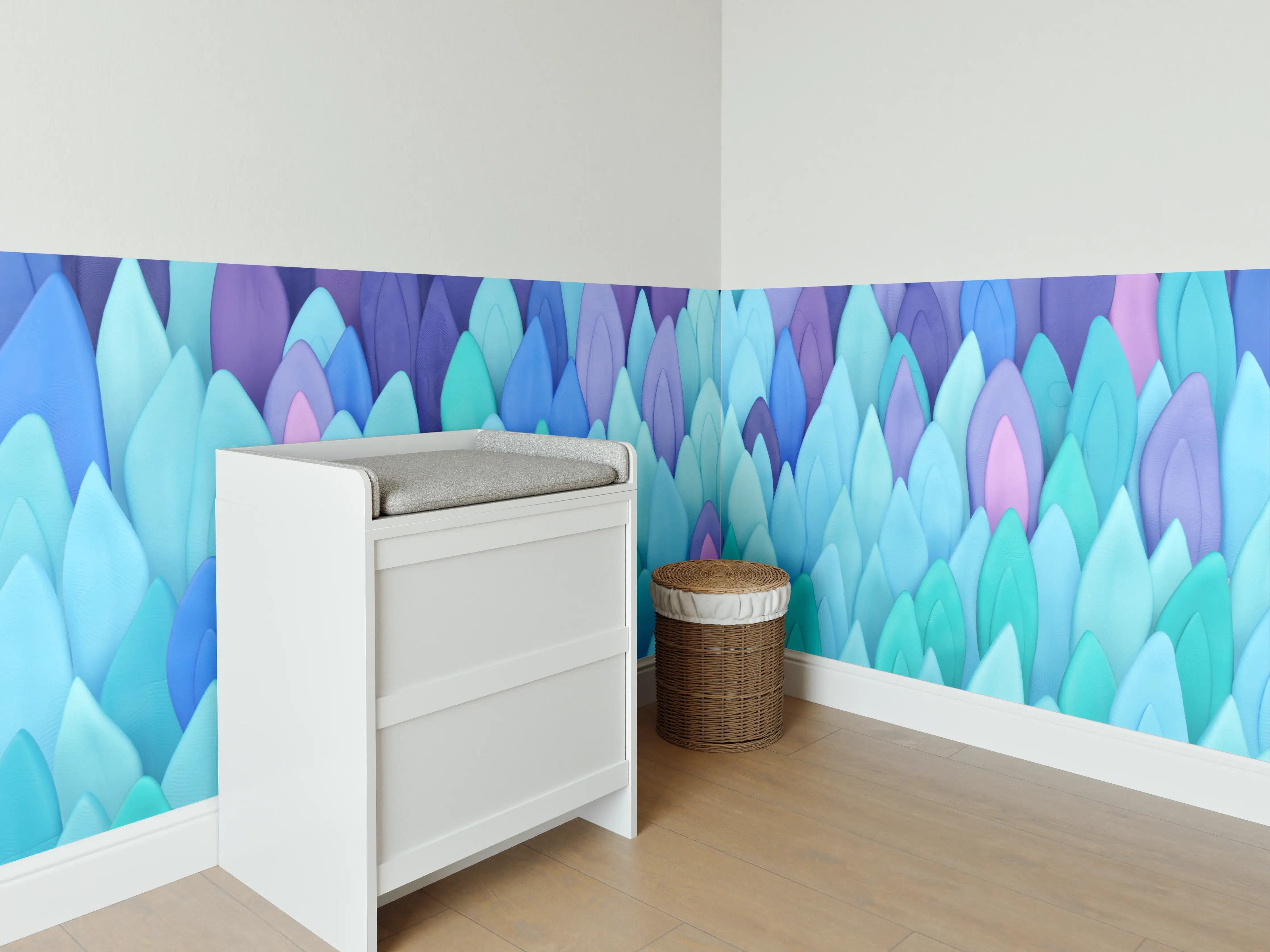 Babyzimmer Wandgestaltung - Bunte Blätter in Blau- und Lilatönen