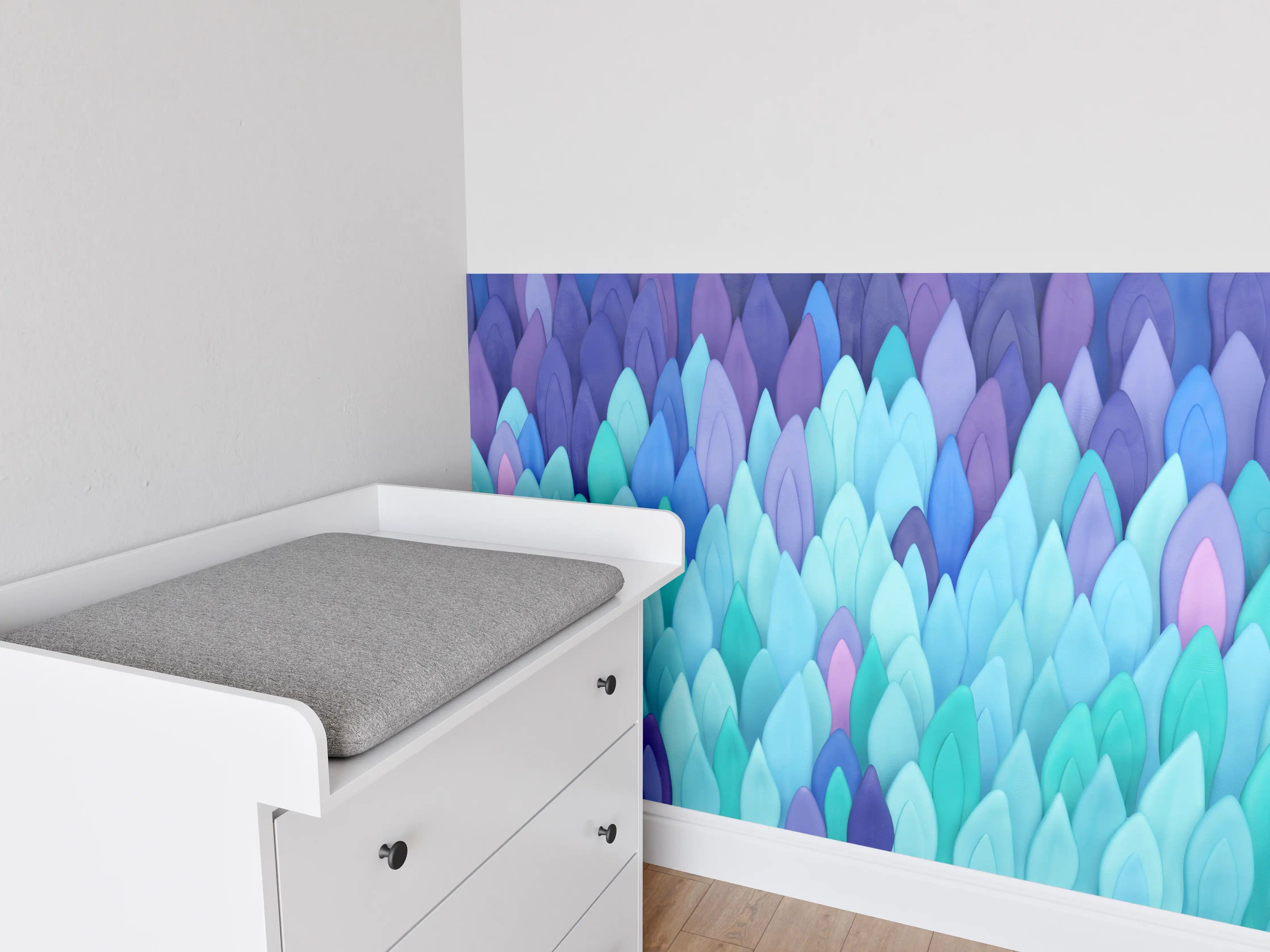 Babyzimmer Wandgestaltung - Bunte Blätter in Blau- und Lilatönen