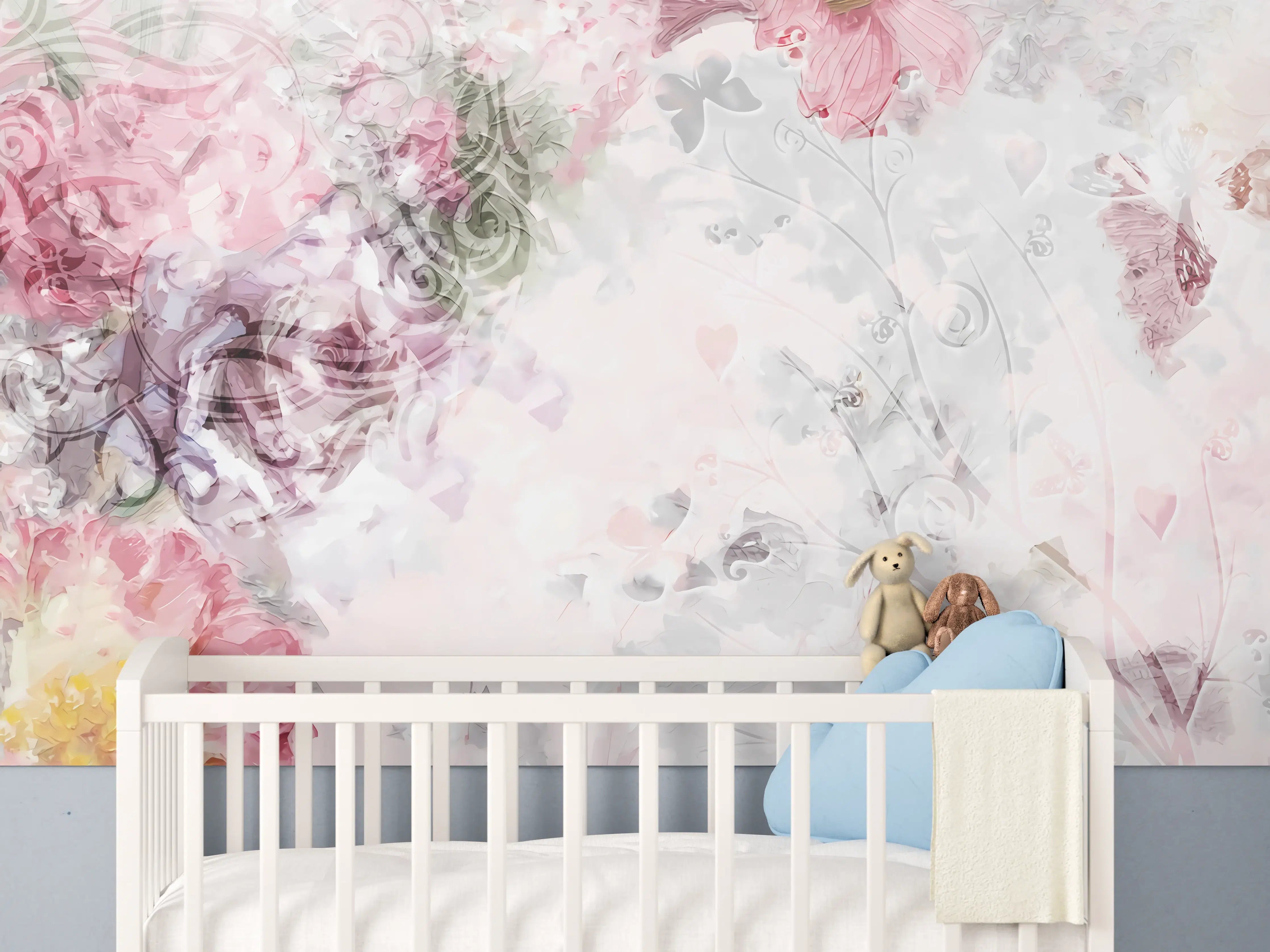 Babyzimmer Wandgestaltung - Bunte Blumen - Pastell Farben