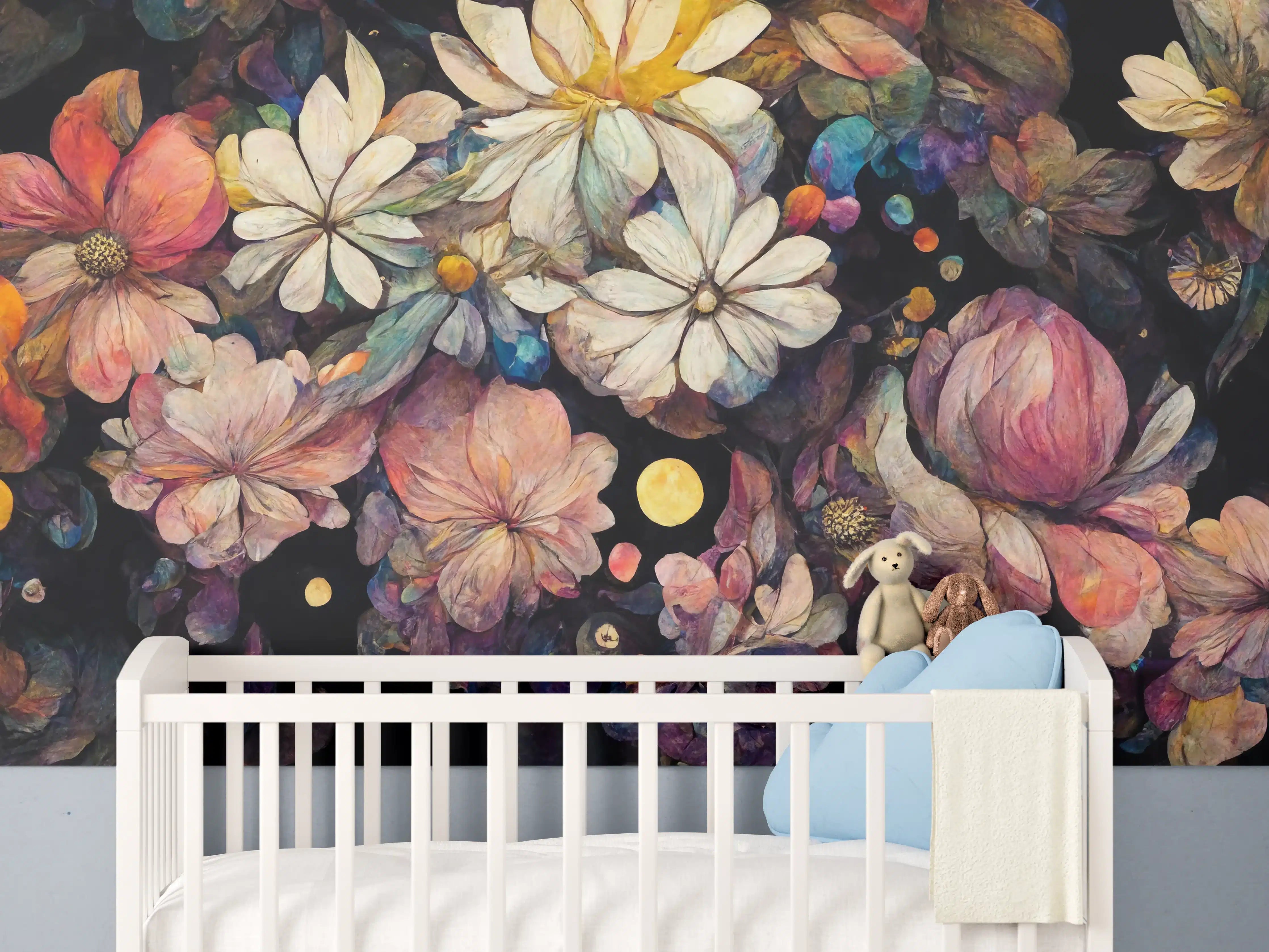 Babyzimmer Wandgestaltung - Bunte Blumen im nächtlichen Himmel