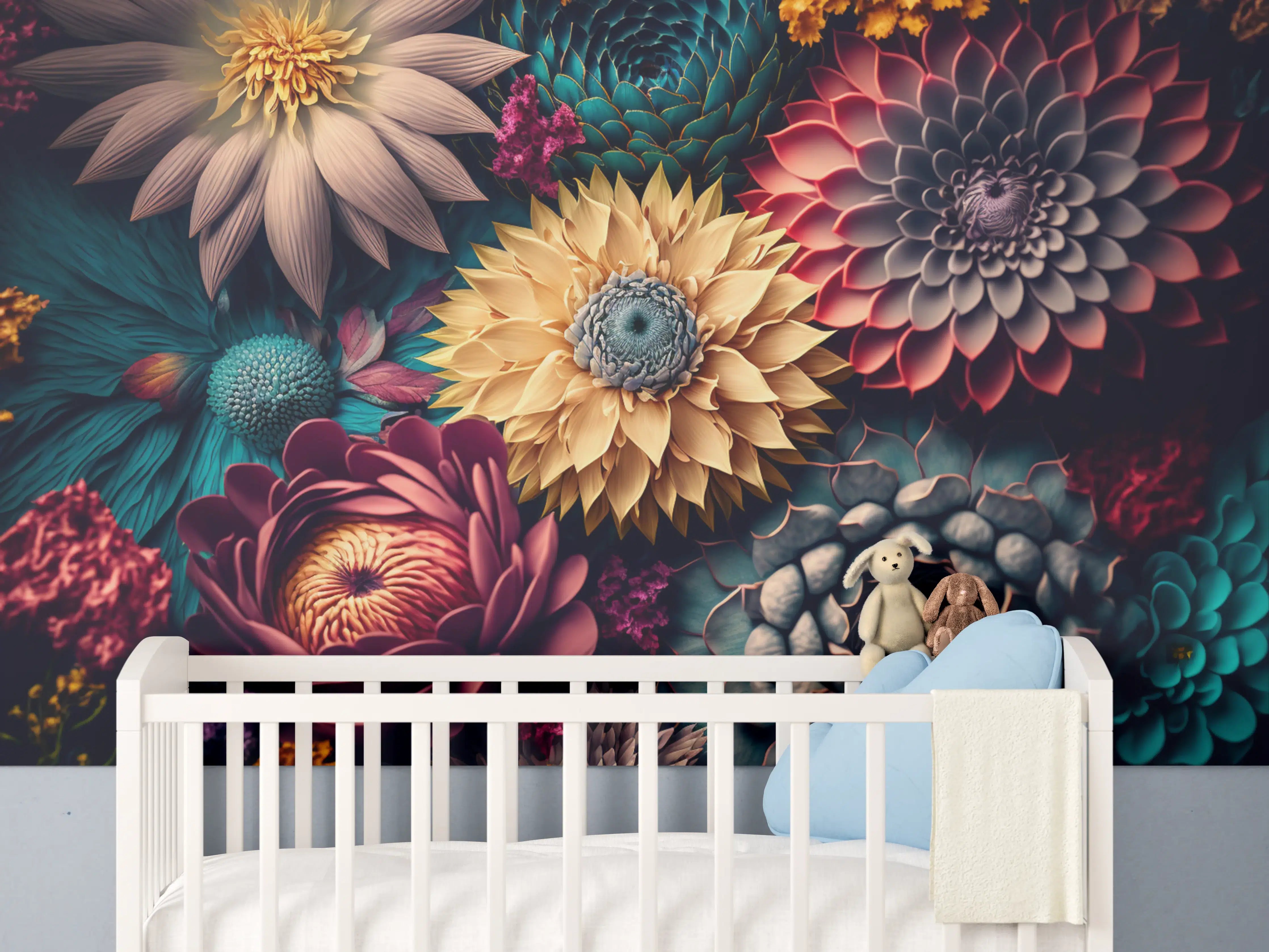 Babyzimmer Wandgestaltung - Bunte Blumenpracht mit leuchtenden Farben