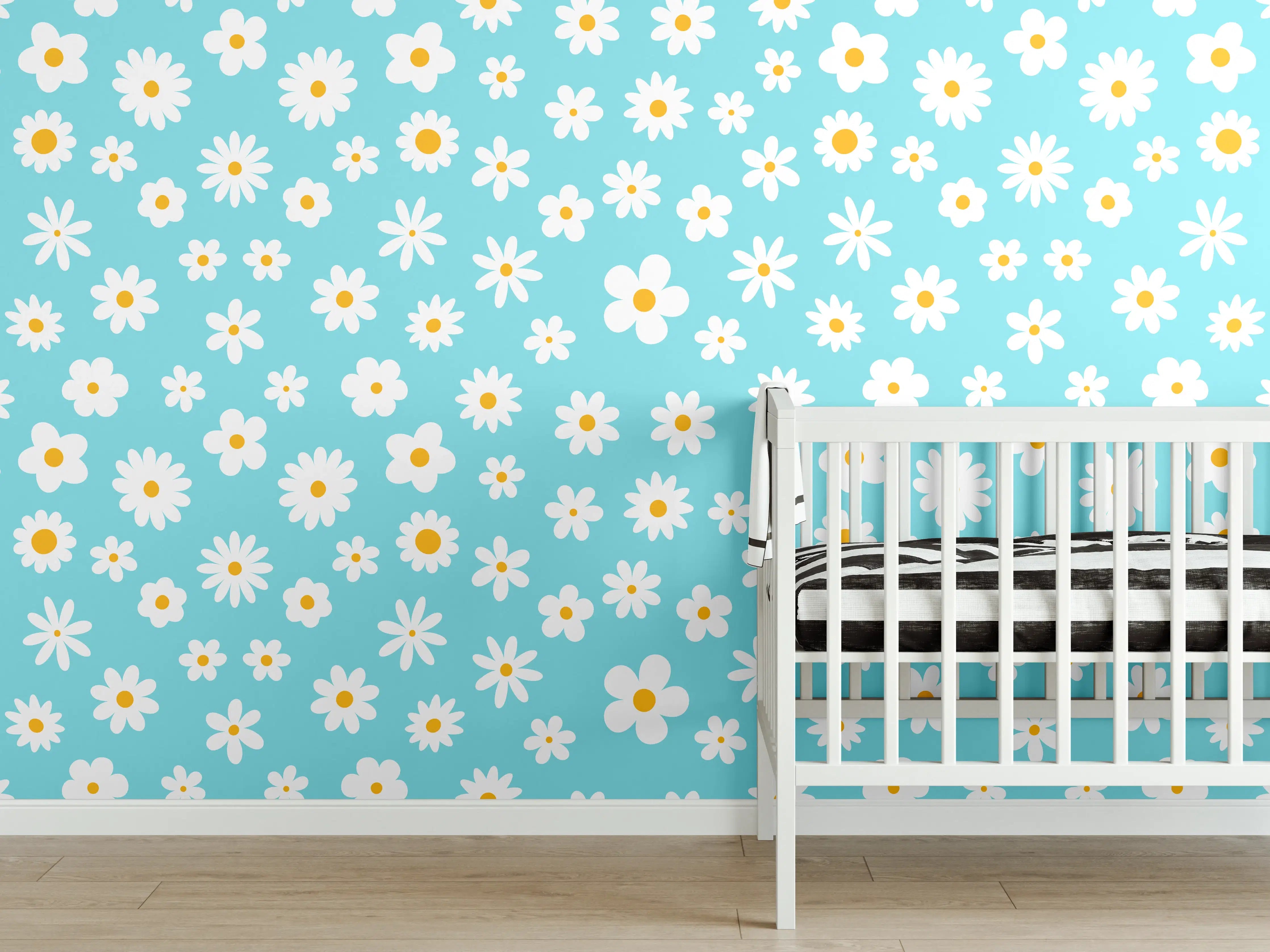 Babyzimmer Wandgestaltung - Bunte Blumenwiese auf Türkisem Hintergrund