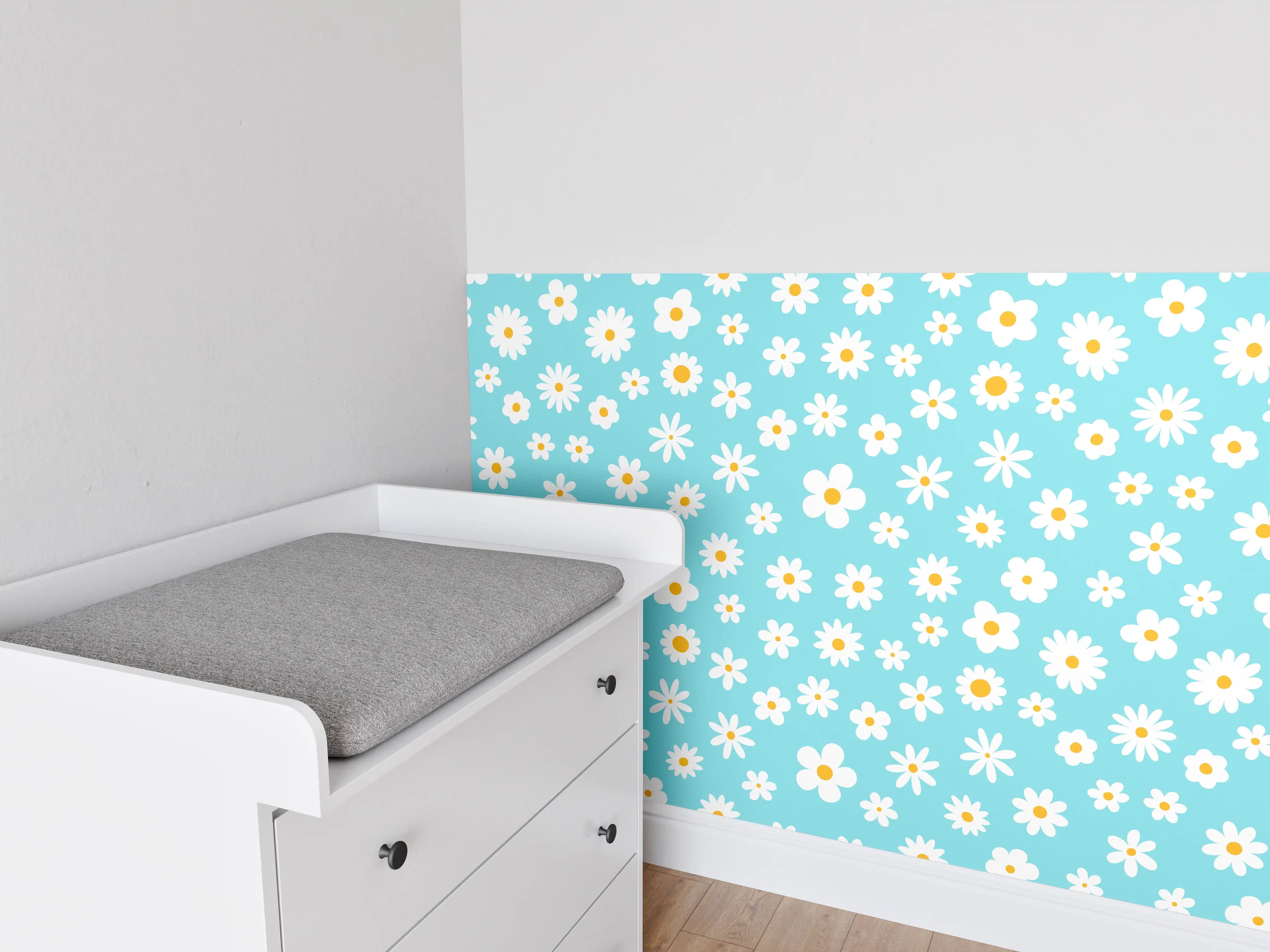 Babyzimmer Wandgestaltung - Bunte Blumenwiese auf Türkisem Hintergrund