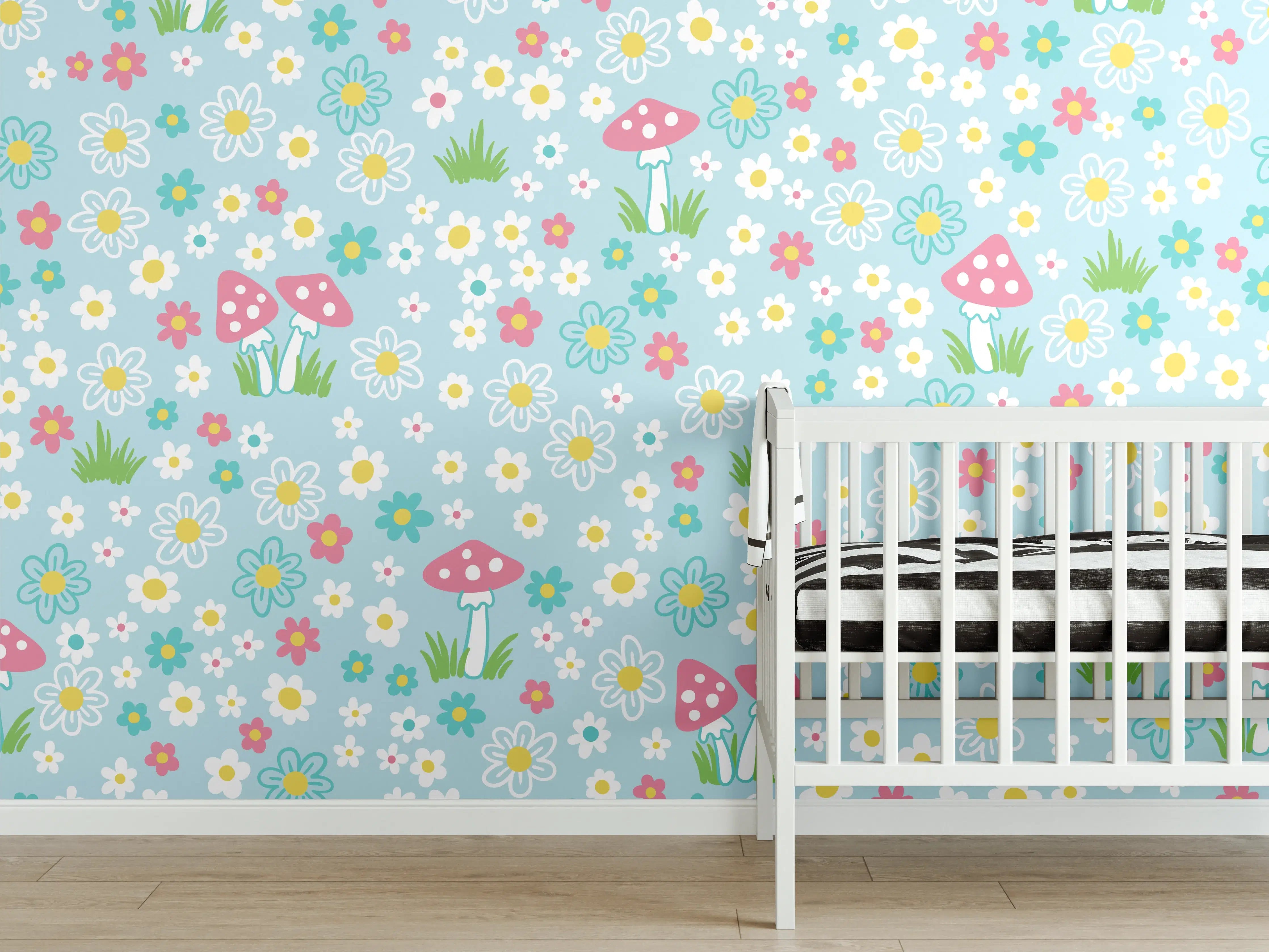 Babyzimmer Wandgestaltung - Bunte Blumenwiese mit Pilzen