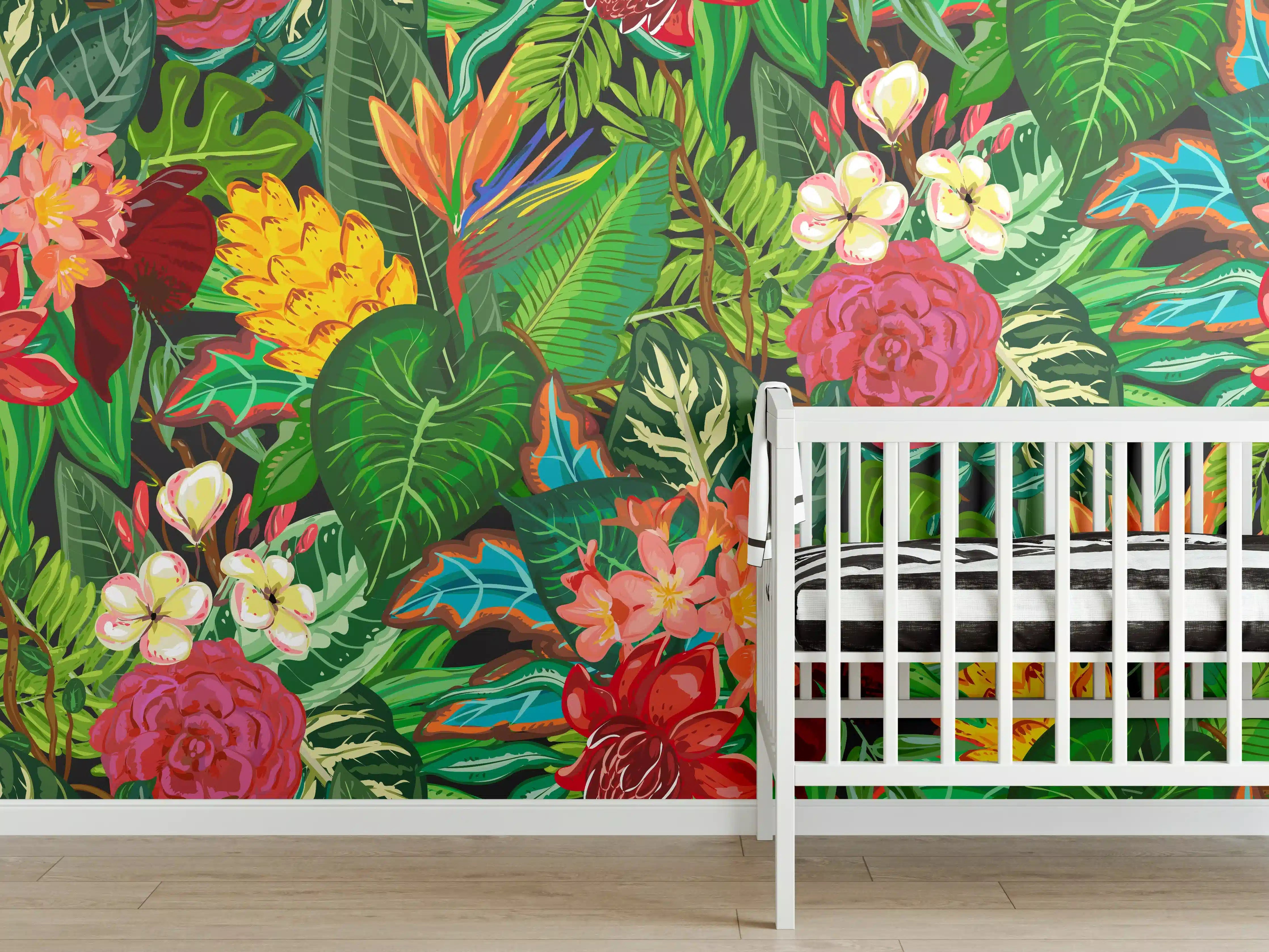 Babyzimmer Wandgestaltung - Bunte Dschungel-Muster-Tapete