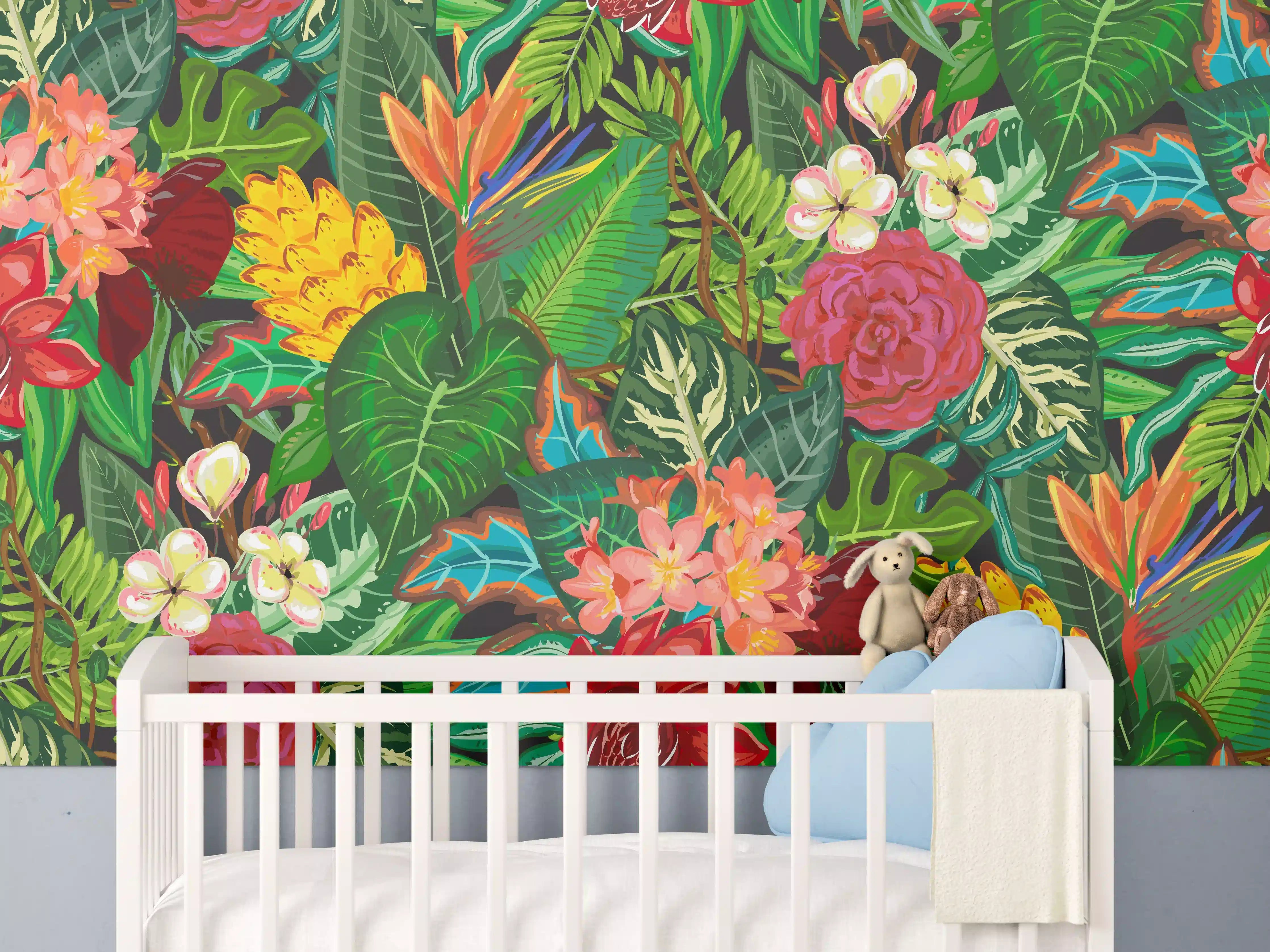 Babyzimmer Wandgestaltung - Bunte Dschungel-Muster-Tapete