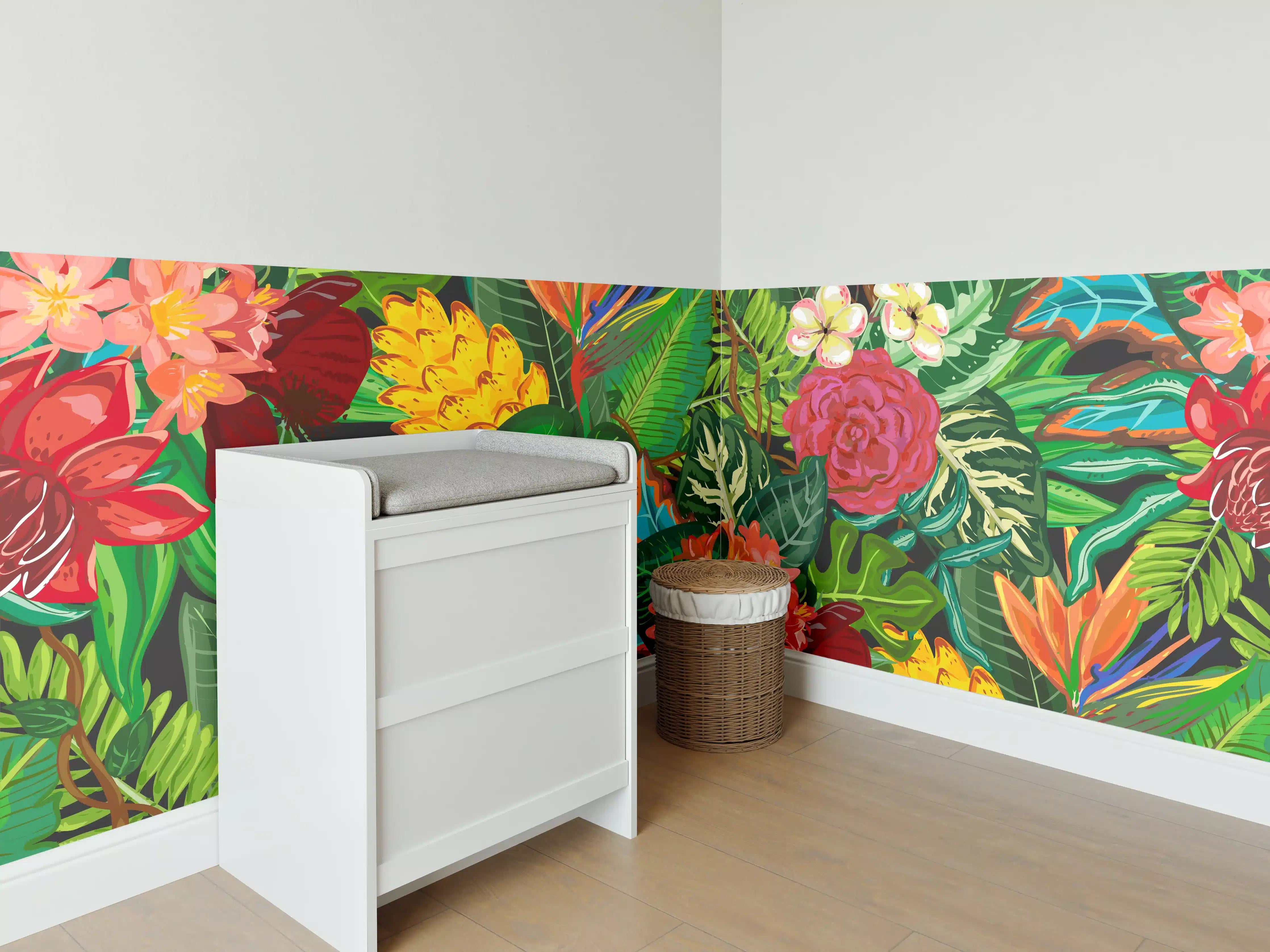 Babyzimmer Wandgestaltung - Bunte Dschungel-Muster-Tapete