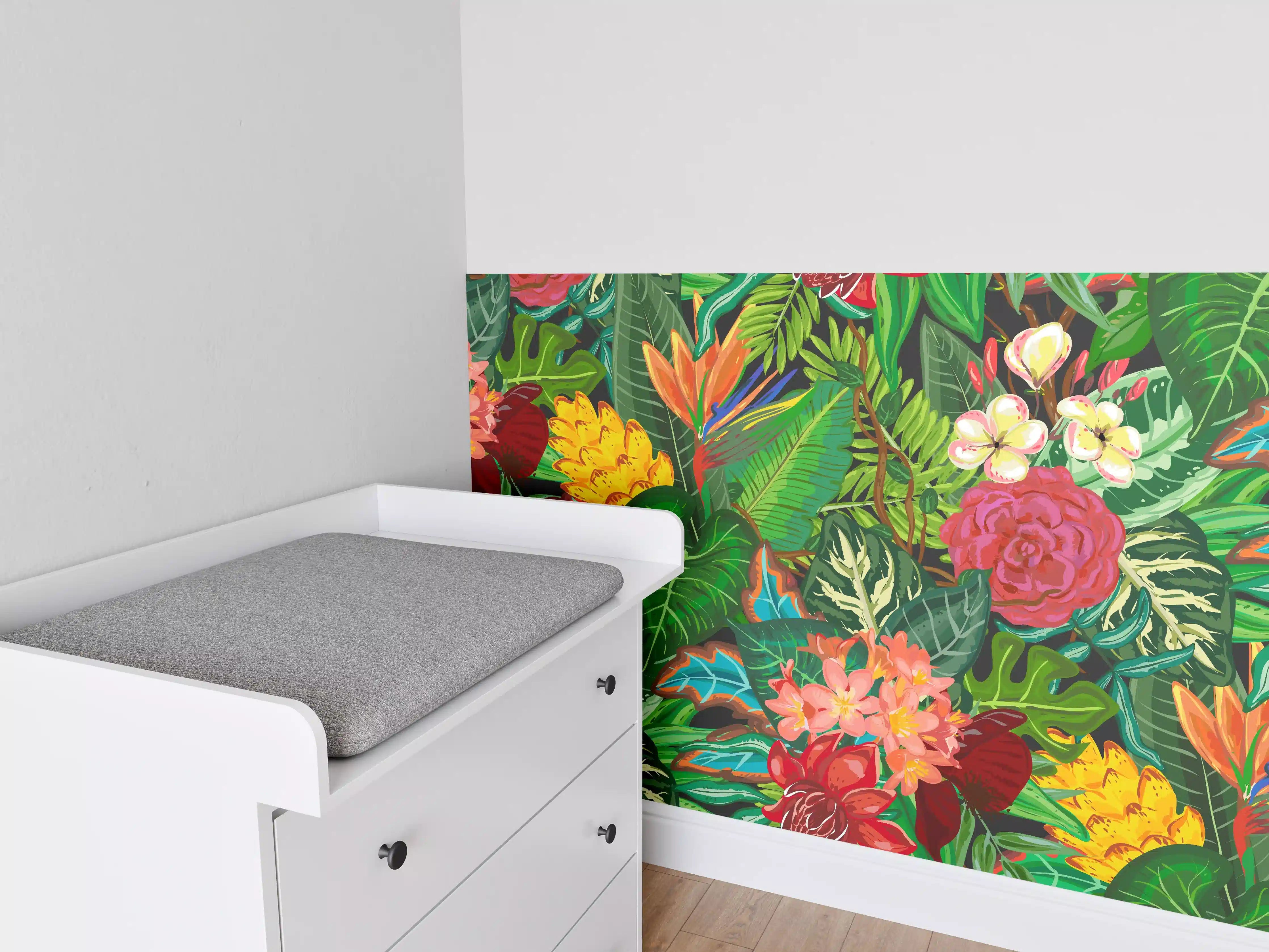 Babyzimmer Wandgestaltung - Bunte Dschungel-Muster-Tapete