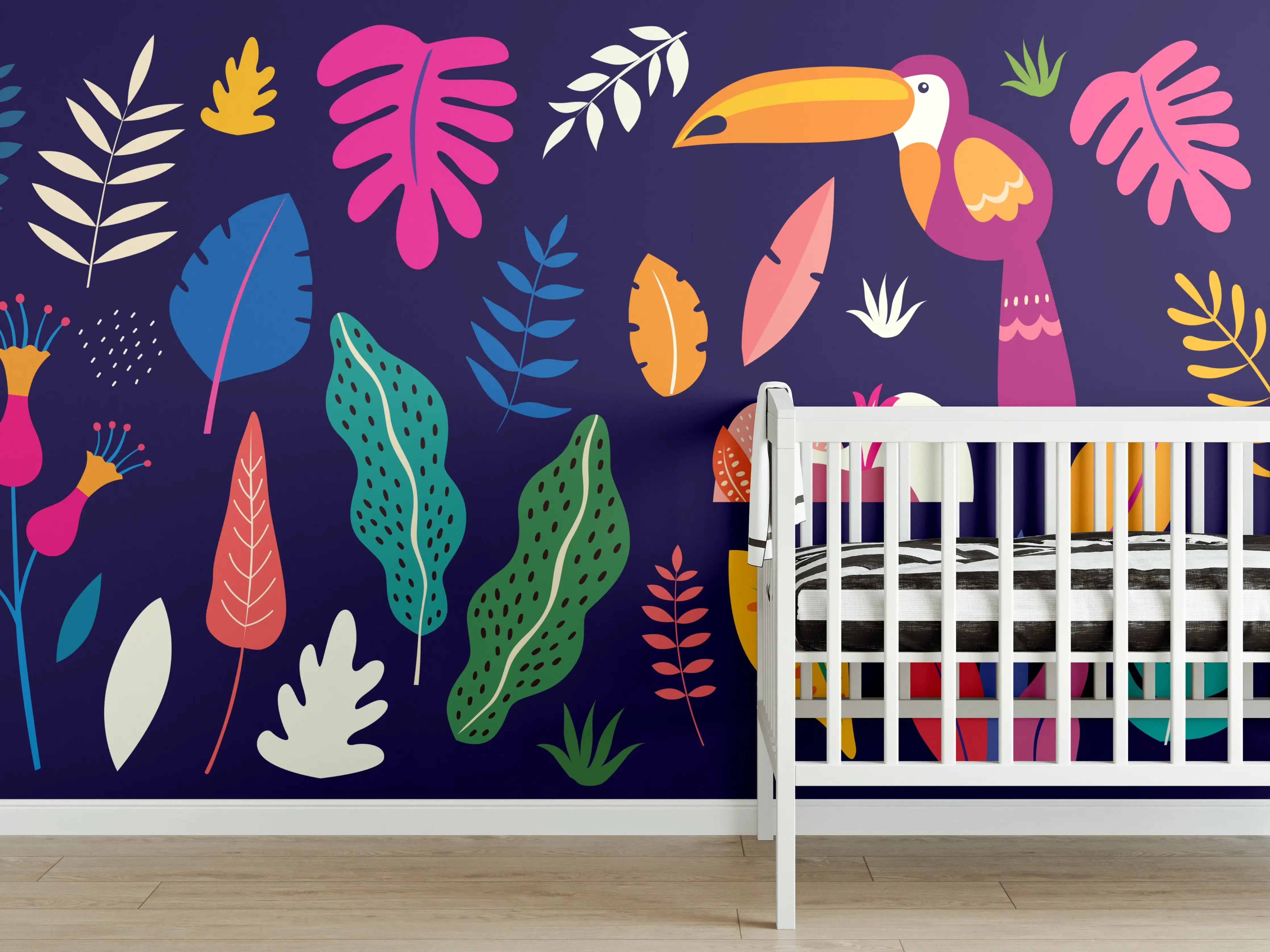 Babyzimmer Wandgestaltung - Bunte Dschungelwelt mit tropischen Tieren und Pflanzen