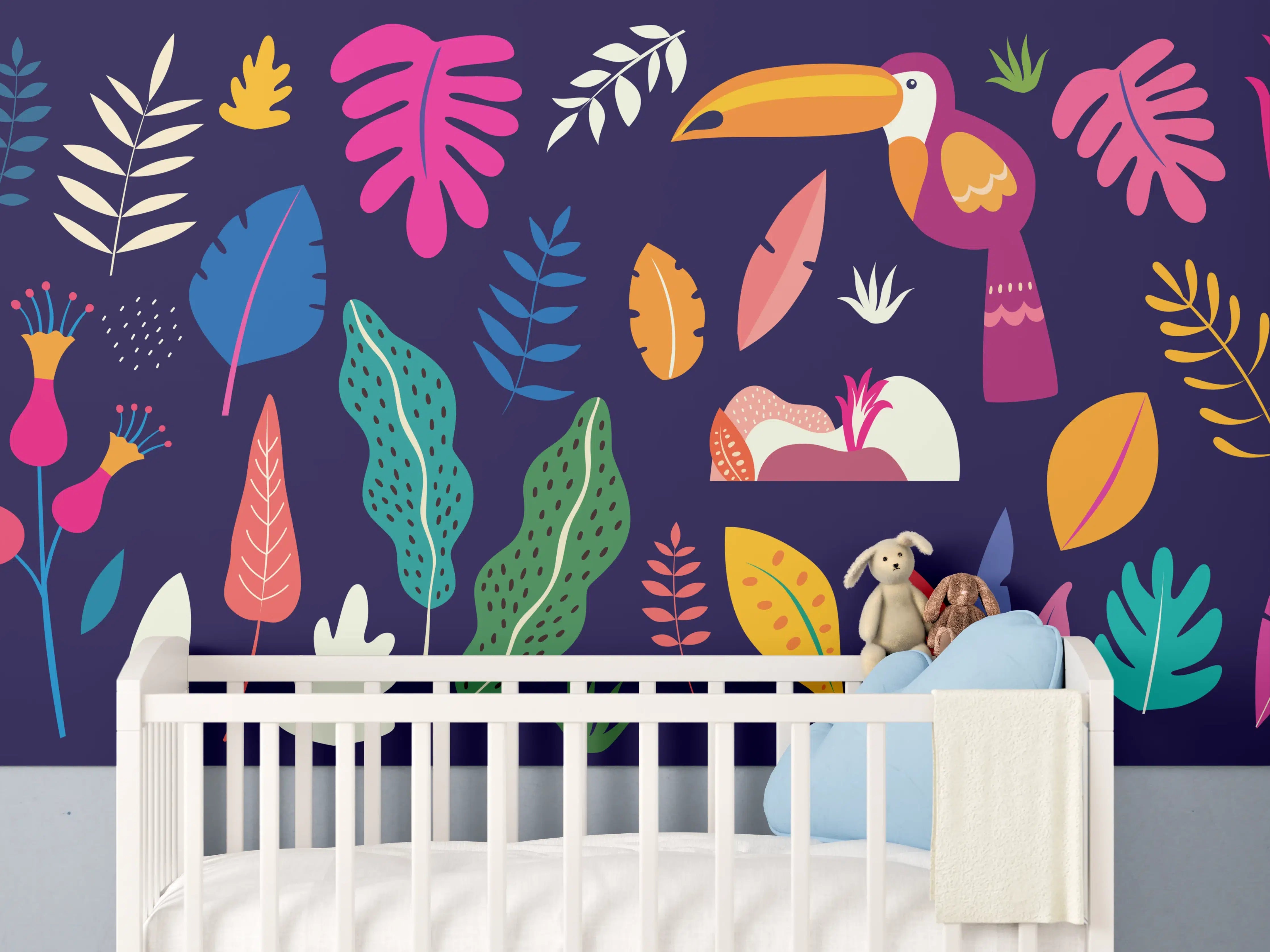 Babyzimmer Wandgestaltung - Bunte Dschungelwelt mit tropischen Tieren und Pflanzen