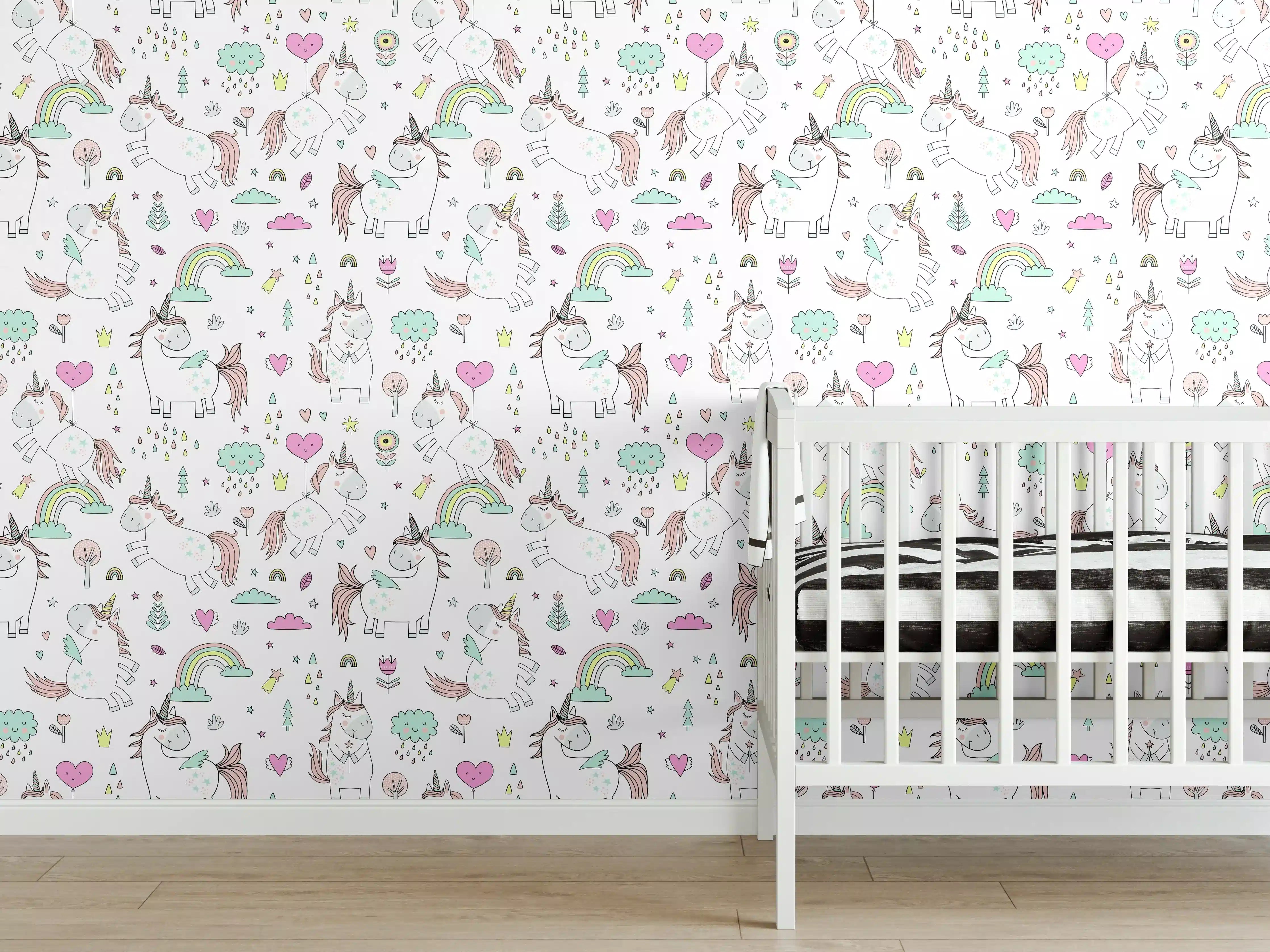 Babyzimmer Wandgestaltung - Bunte Einhorn- und Regenbogenmuster