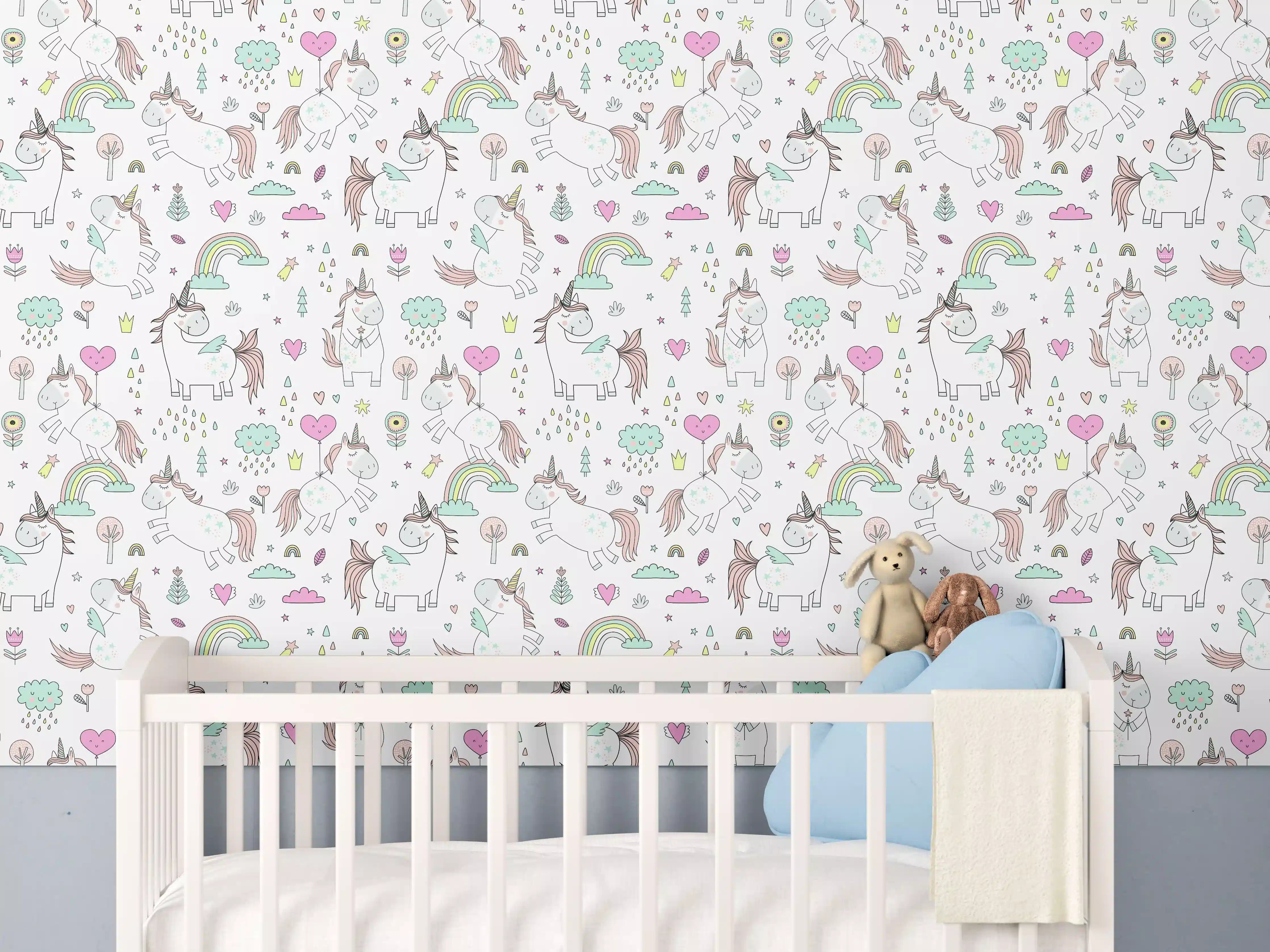 Babyzimmer Wandgestaltung - Bunte Einhorn- und Regenbogenmuster