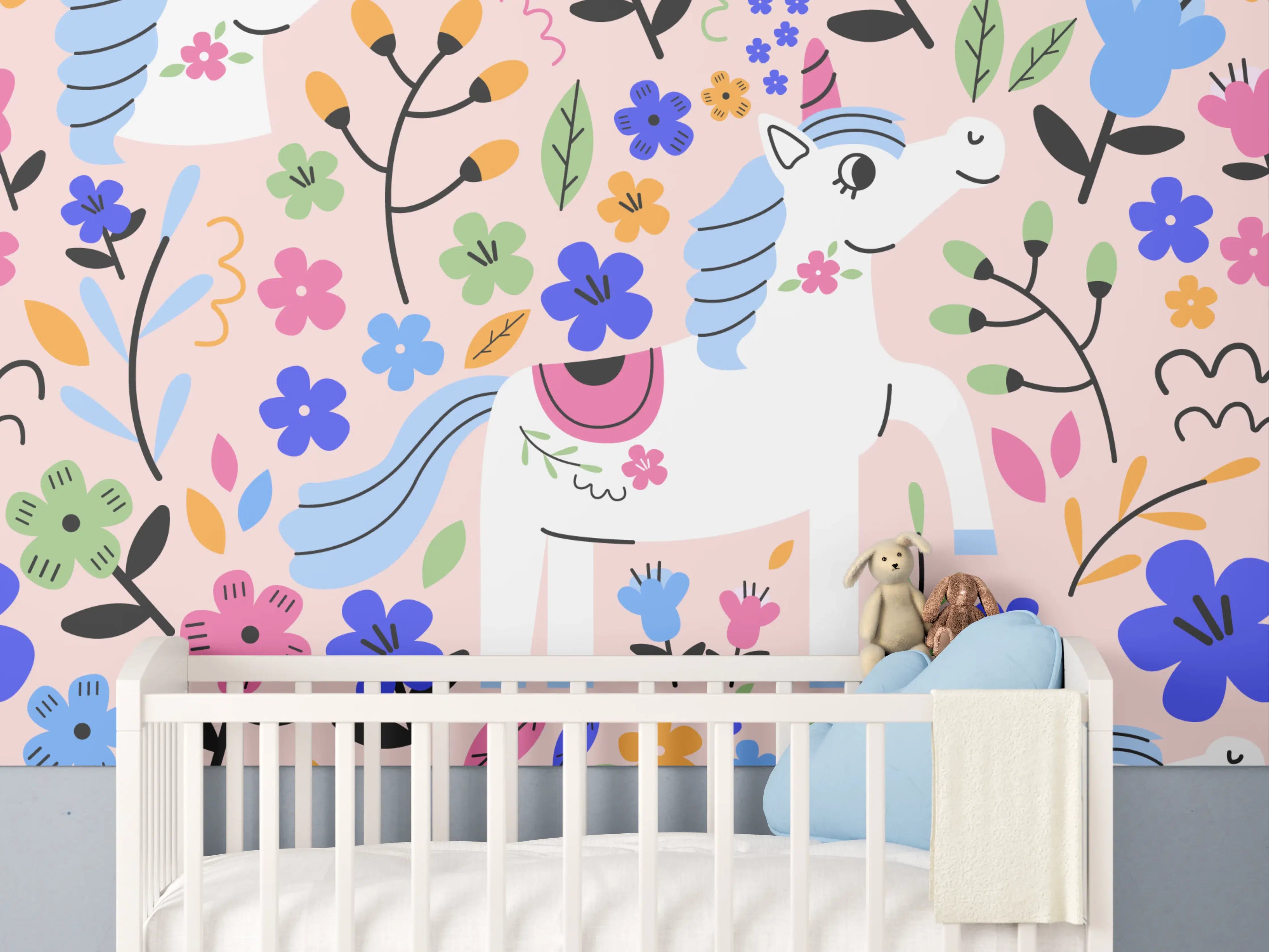 Babyzimmer Wandgestaltung - Bunte Einhorn-Wandkunst mit Blumenmuster