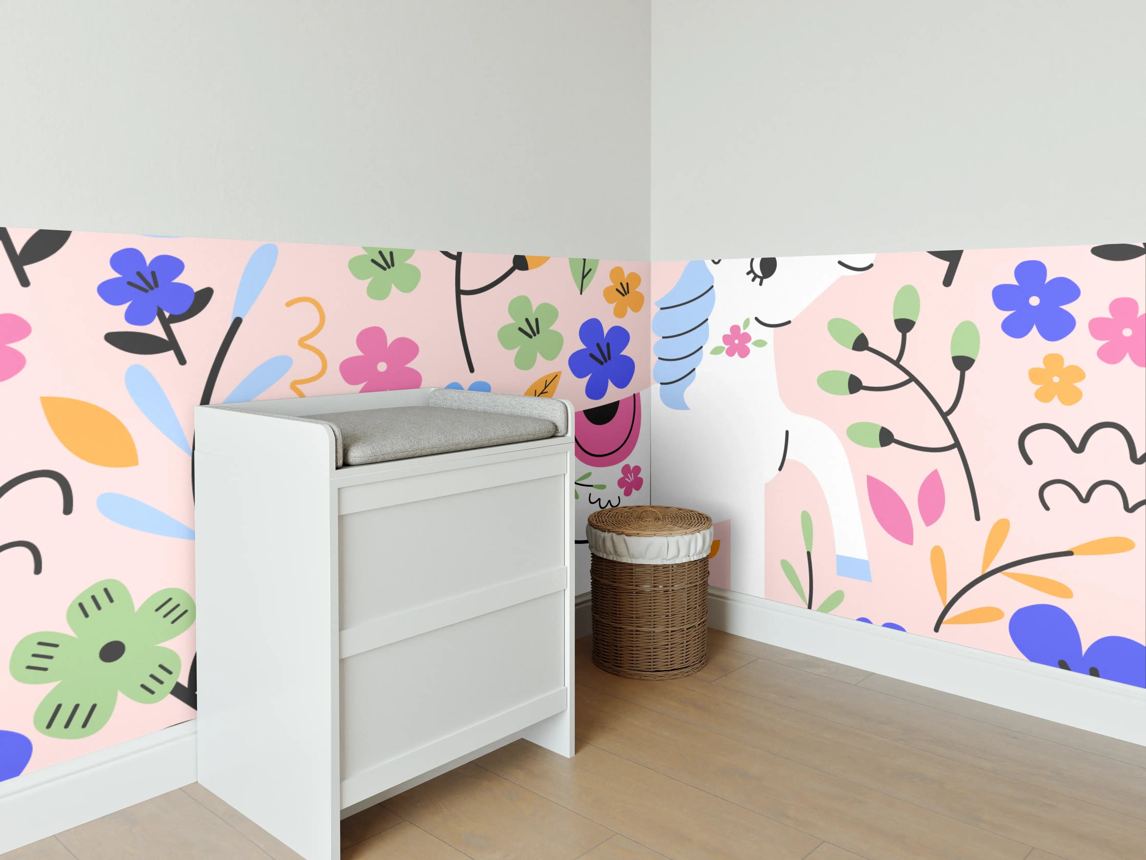 Babyzimmer Wandgestaltung - Bunte Einhorn-Wandkunst mit Blumenmuster