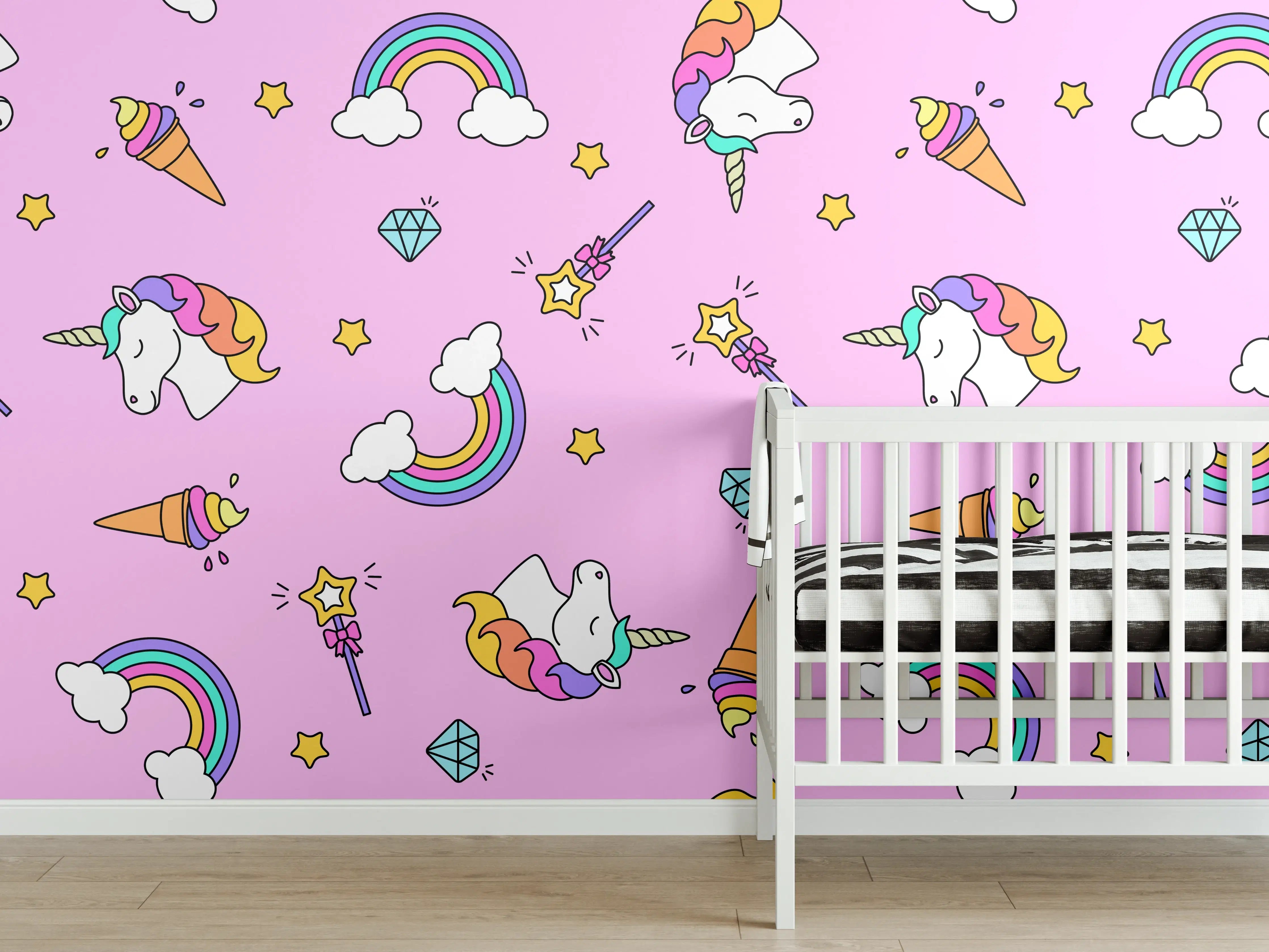 Babyzimmer Wandgestaltung - Bunte Einhorn-Wolken-Wonderland