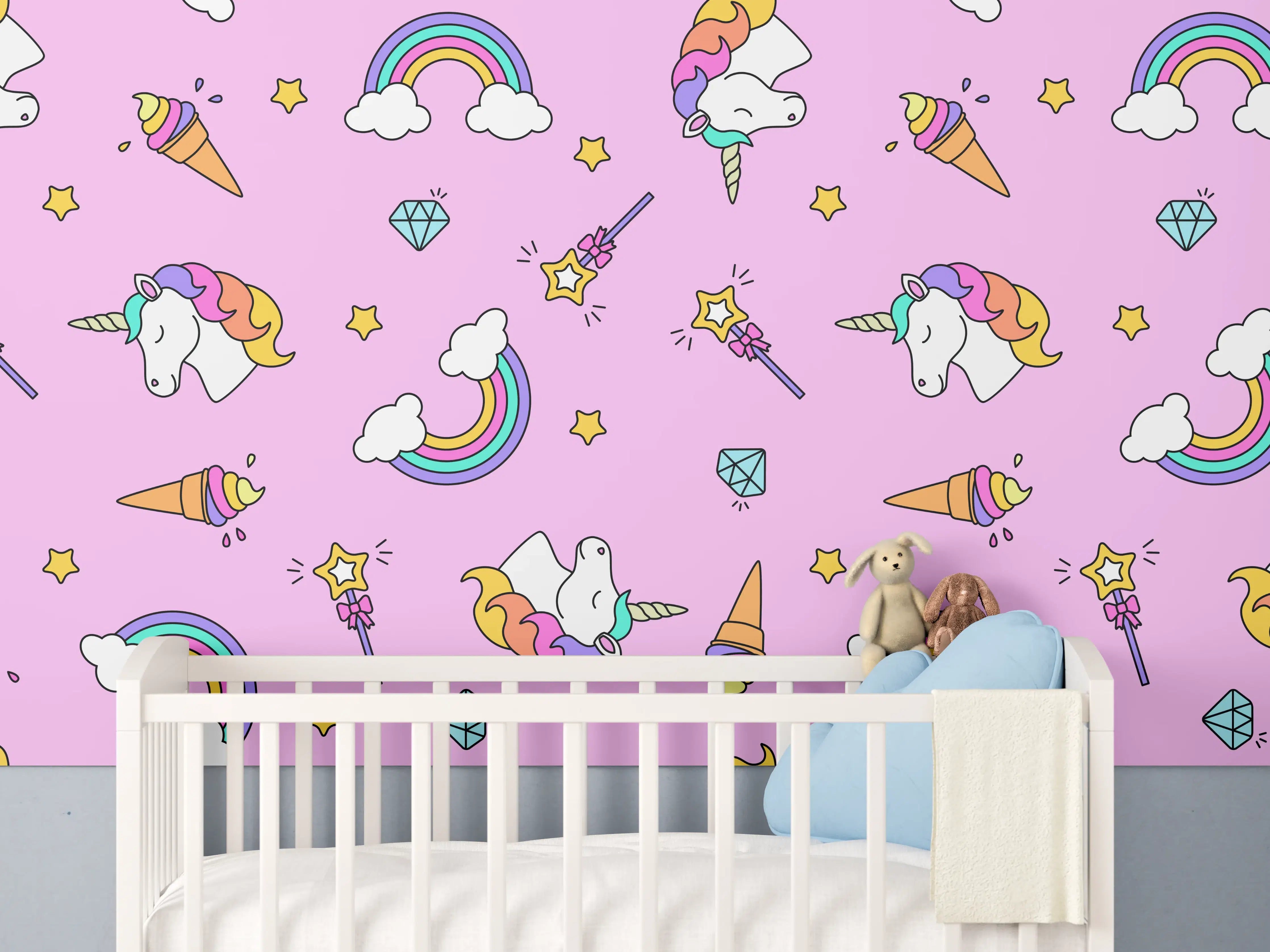 Babyzimmer Wandgestaltung - Bunte Einhorn-Wolken-Wonderland