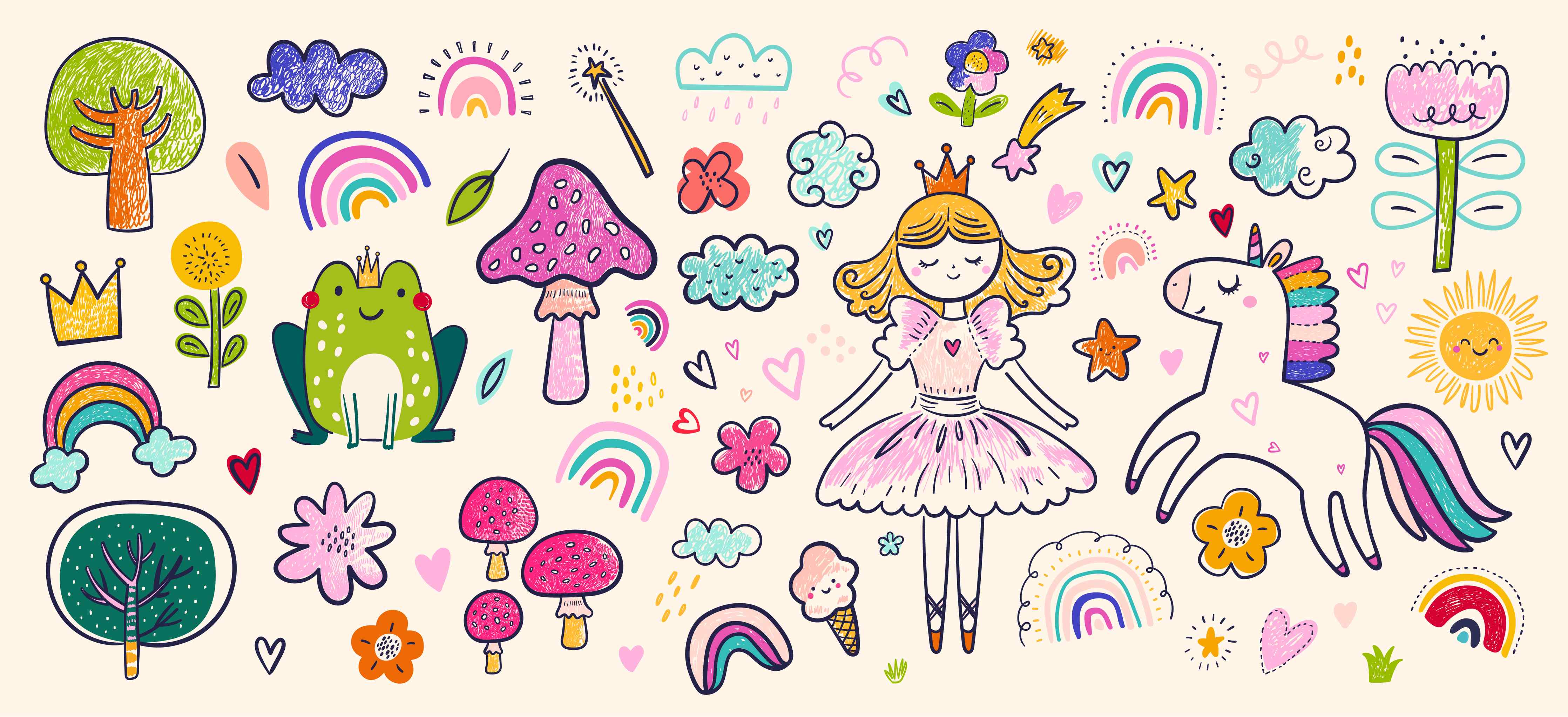 Babyzimmer Wandgestaltung-Bunte Fantasiewelt mit Einhörnern und Regenbögen