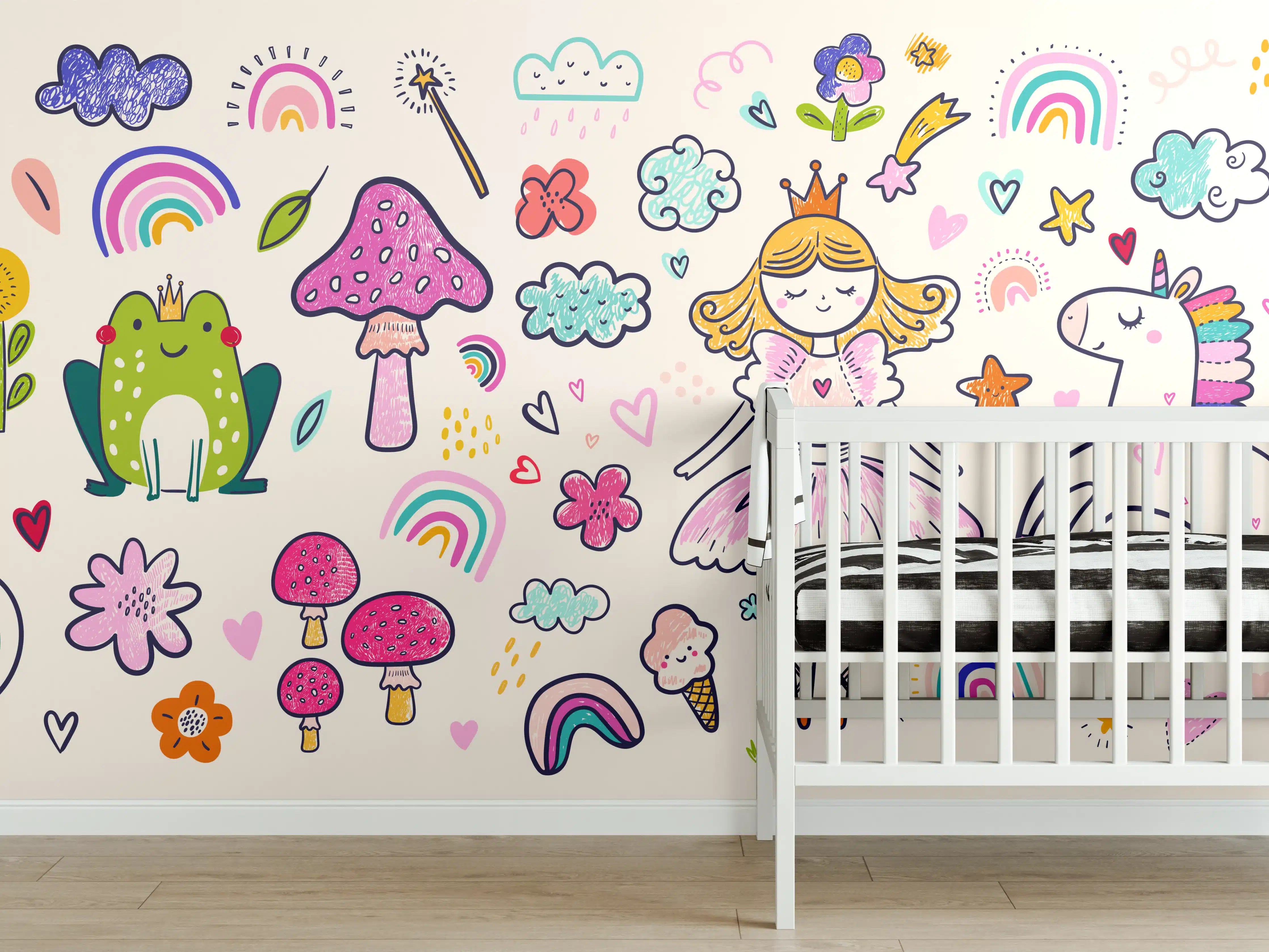 Babyzimmer Wandgestaltung - Bunte Fantasiewelt mit Einhörnern und Regenbögen