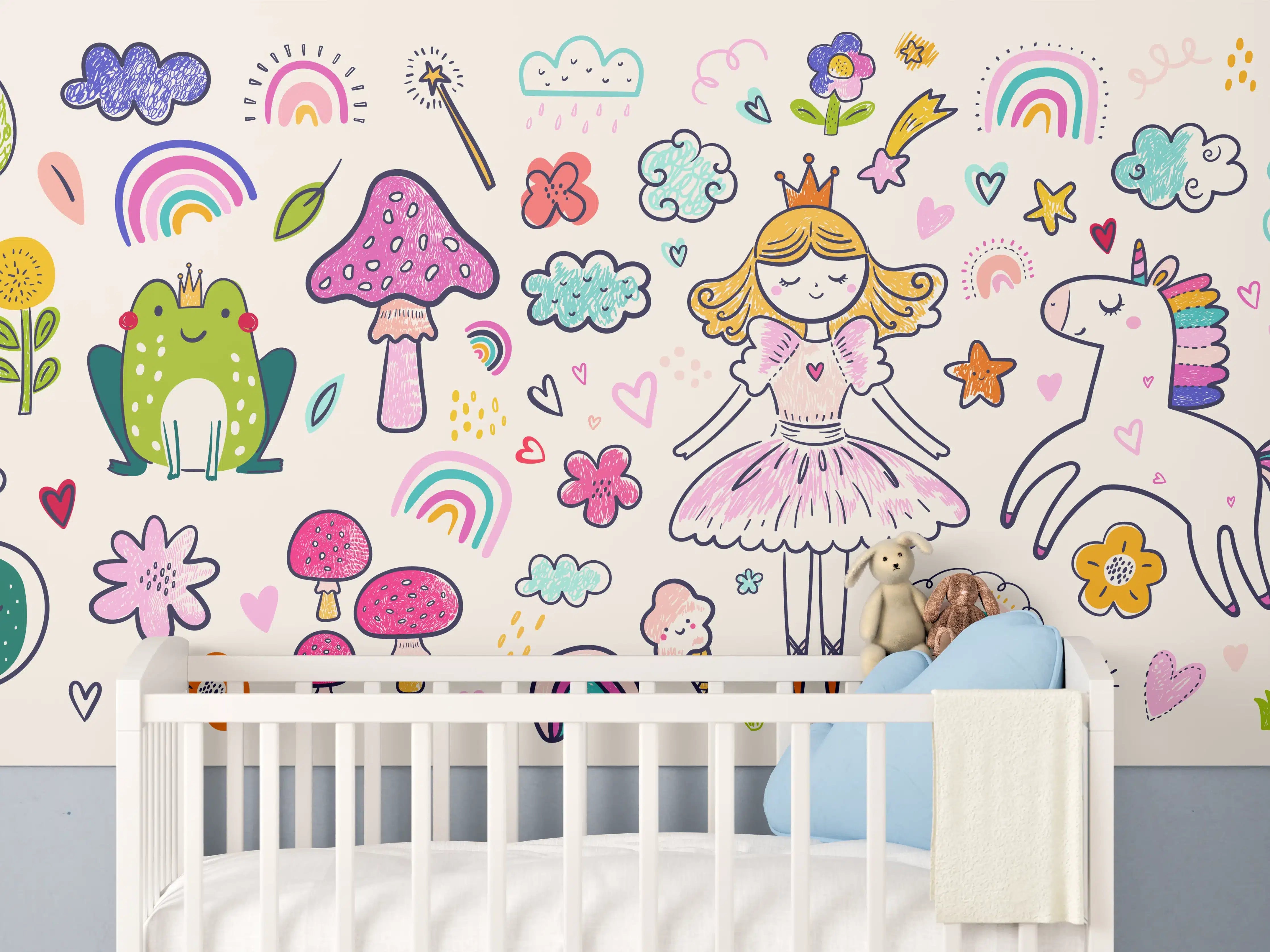 Babyzimmer Wandgestaltung - Bunte Fantasiewelt mit Einhörnern und Regenbögen