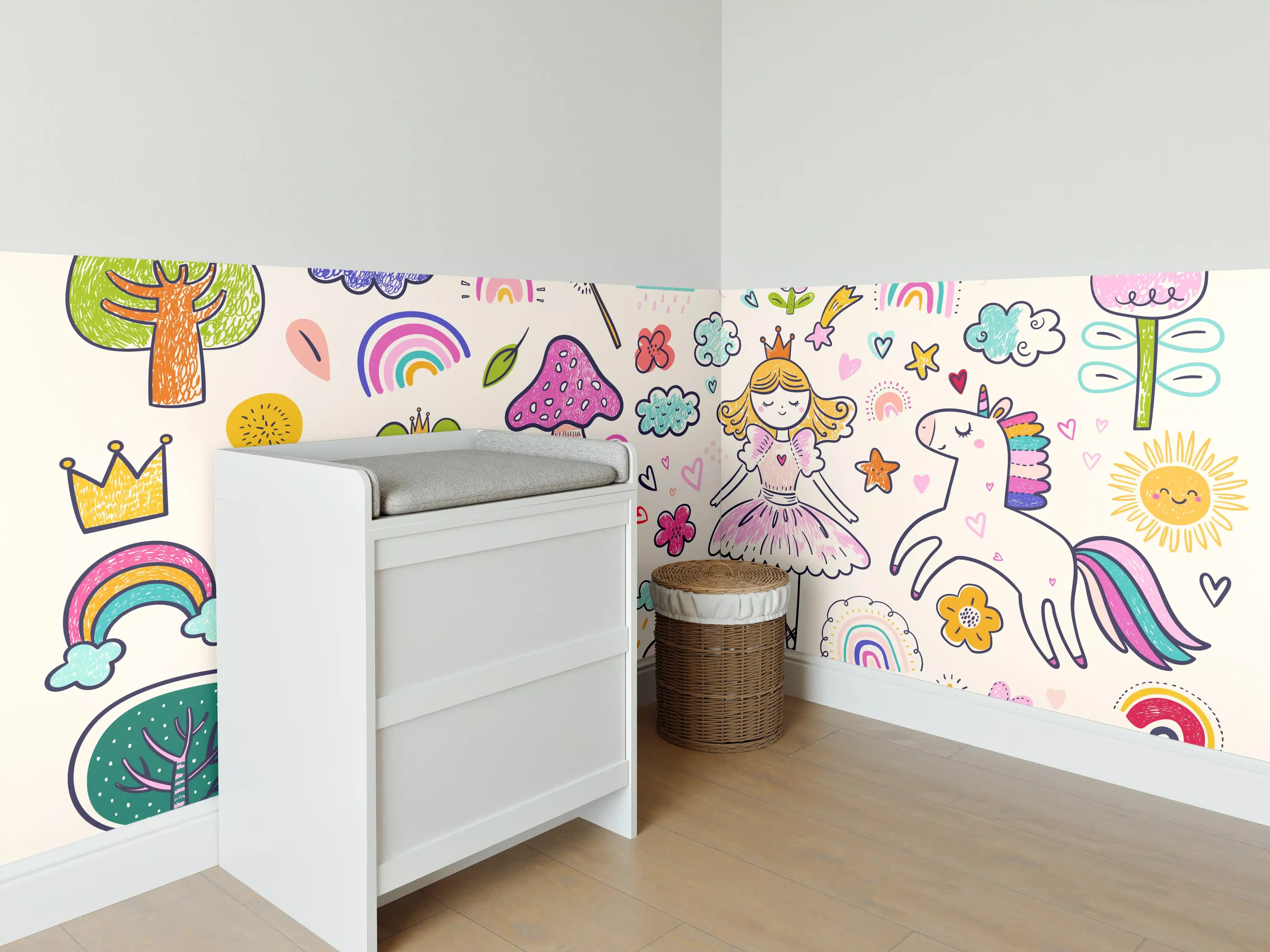 Babyzimmer Wandgestaltung - Bunte Fantasiewelt mit Einhörnern und Regenbögen