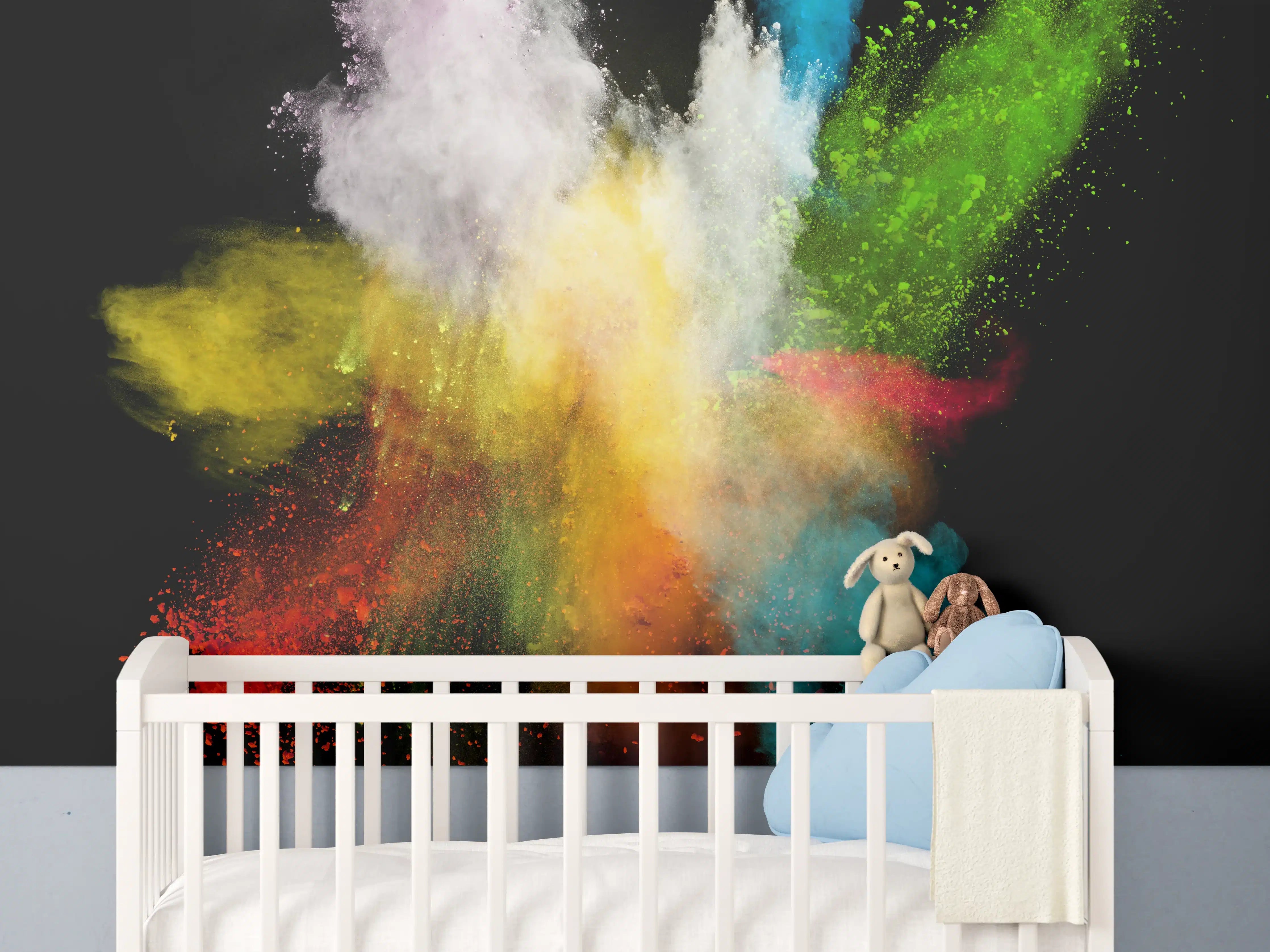 Babyzimmer Wandgestaltung - Bunte Farbexplosion auf schwarzem Hintergrund