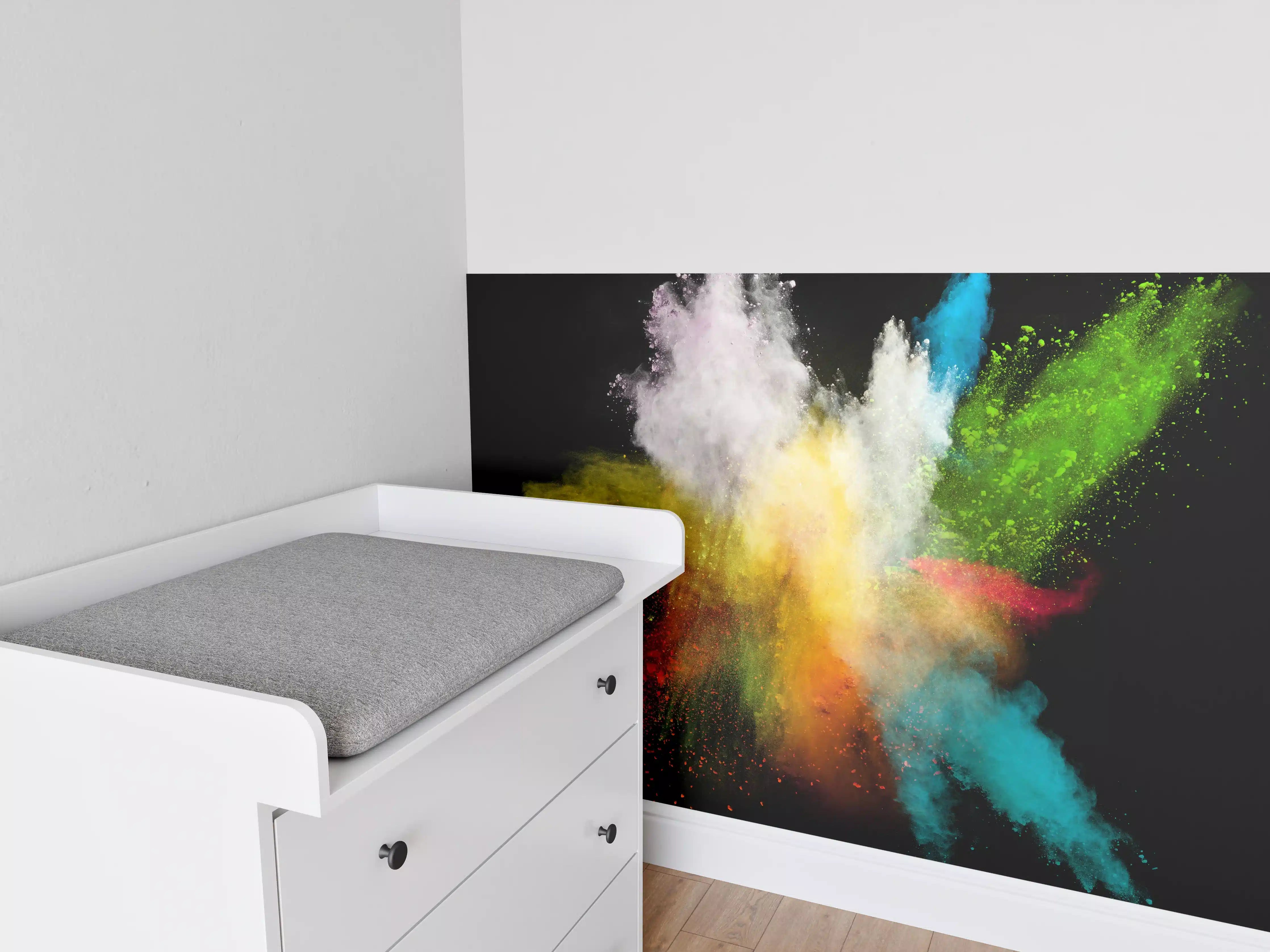 Babyzimmer Wandgestaltung - Bunte Farbexplosion auf schwarzem Hintergrund
