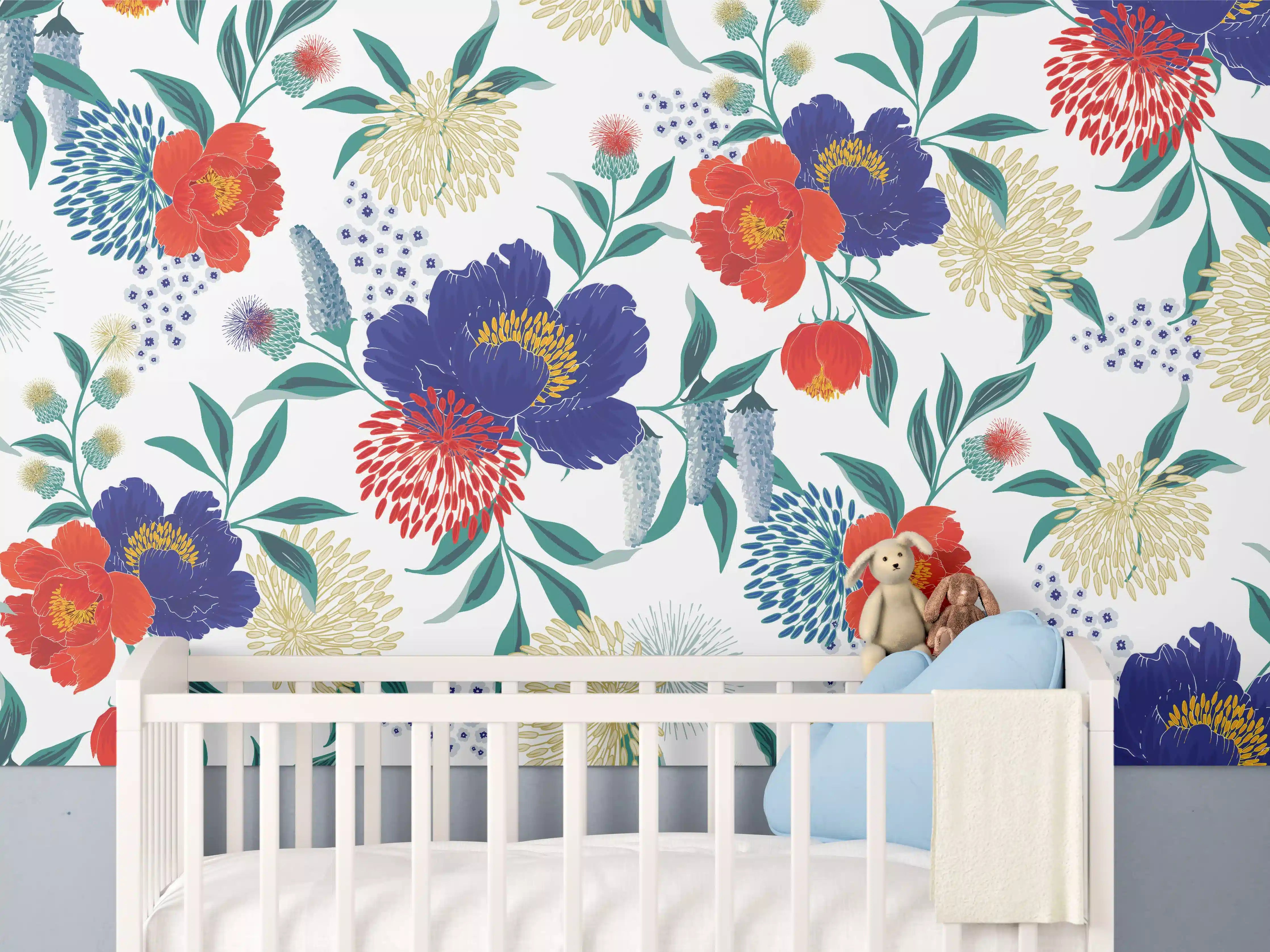 Babyzimmer Wandgestaltung - Bunte Florale Muster Tapete