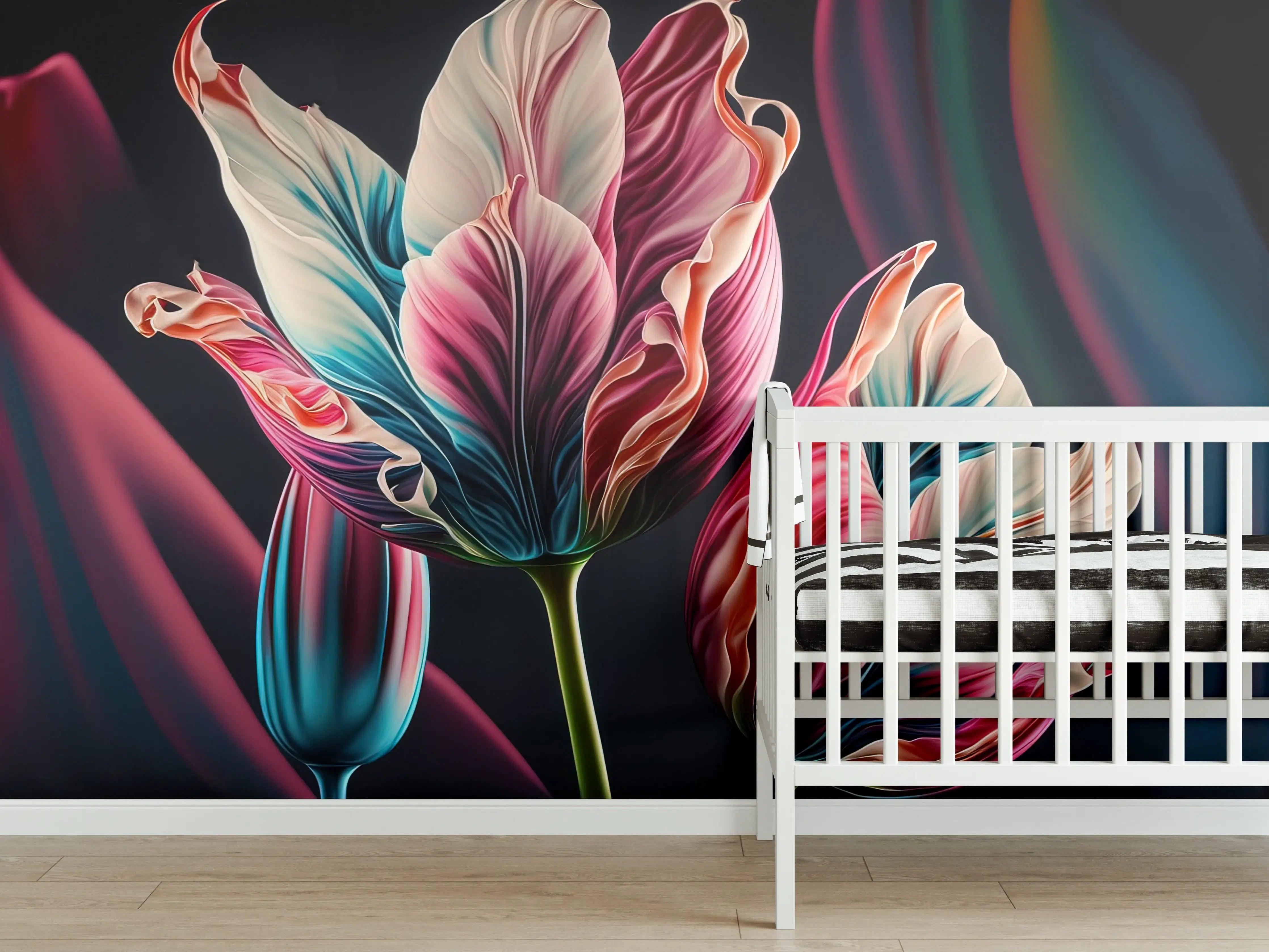 Babyzimmer Wandgestaltung - Bunte Fluid Kunst Tulpen