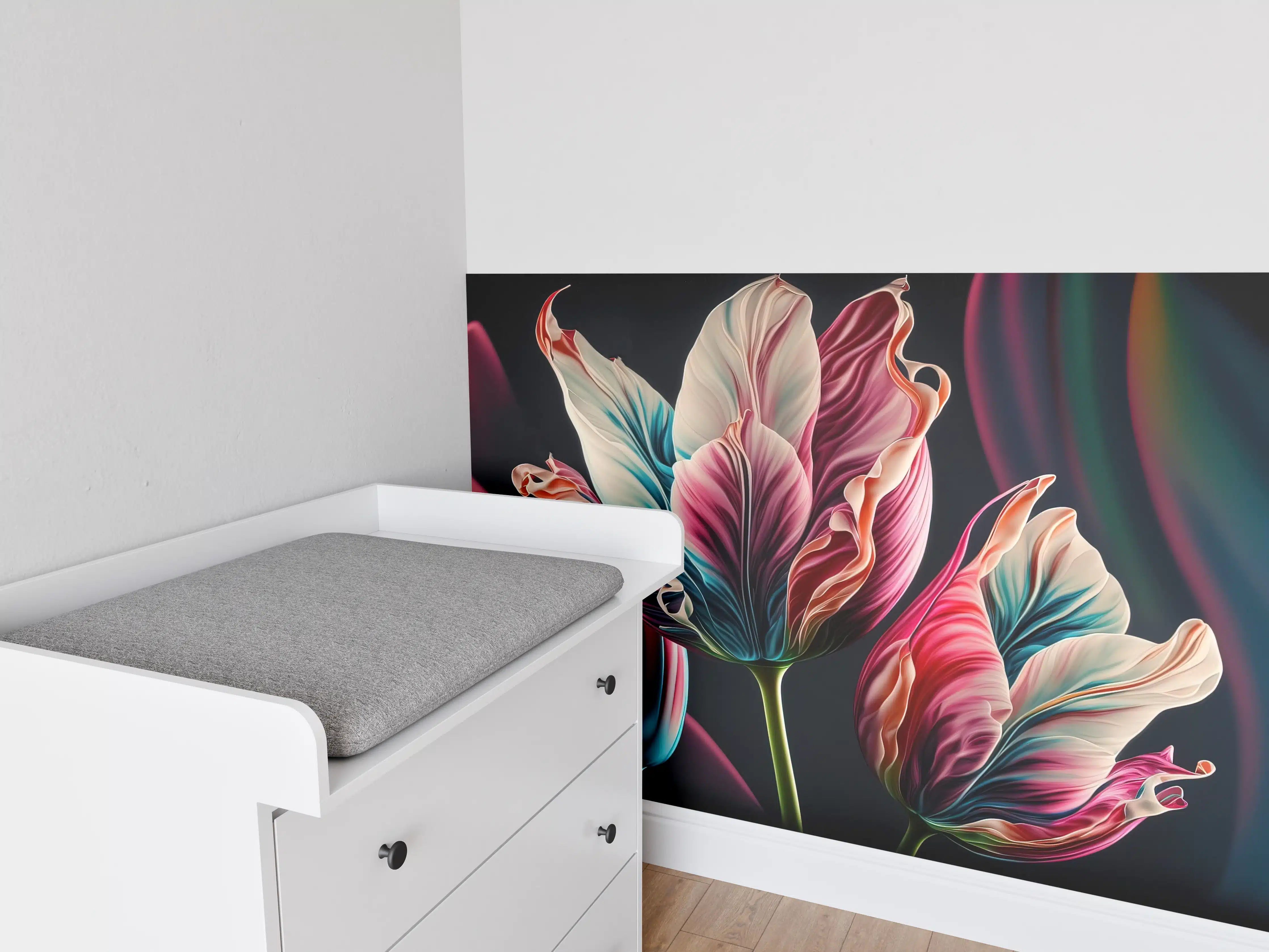 Babyzimmer Wandgestaltung - Bunte Fluid Kunst Tulpen