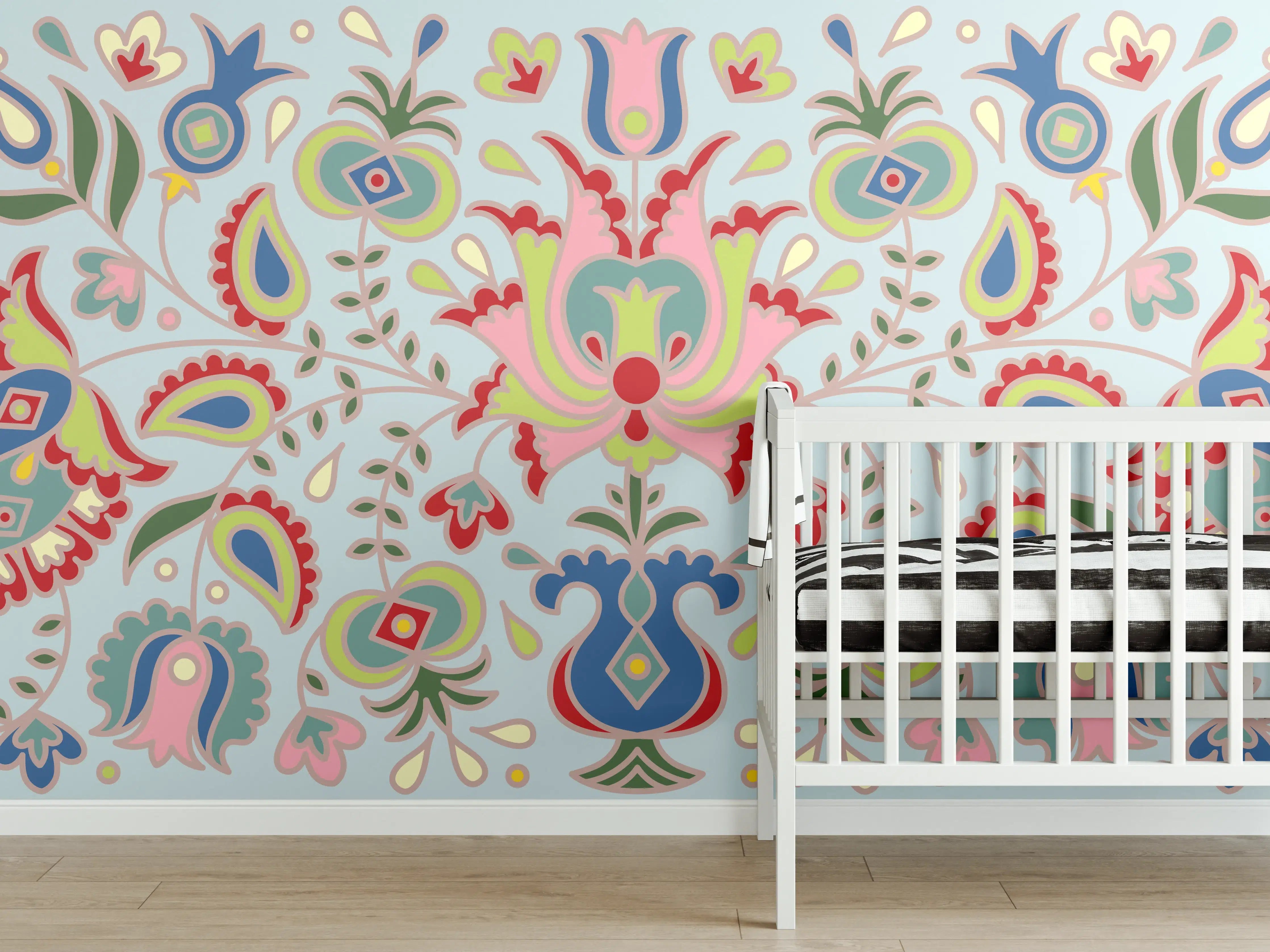 Babyzimmer Wandgestaltung - Bunte Folklore-Muster Textilprint