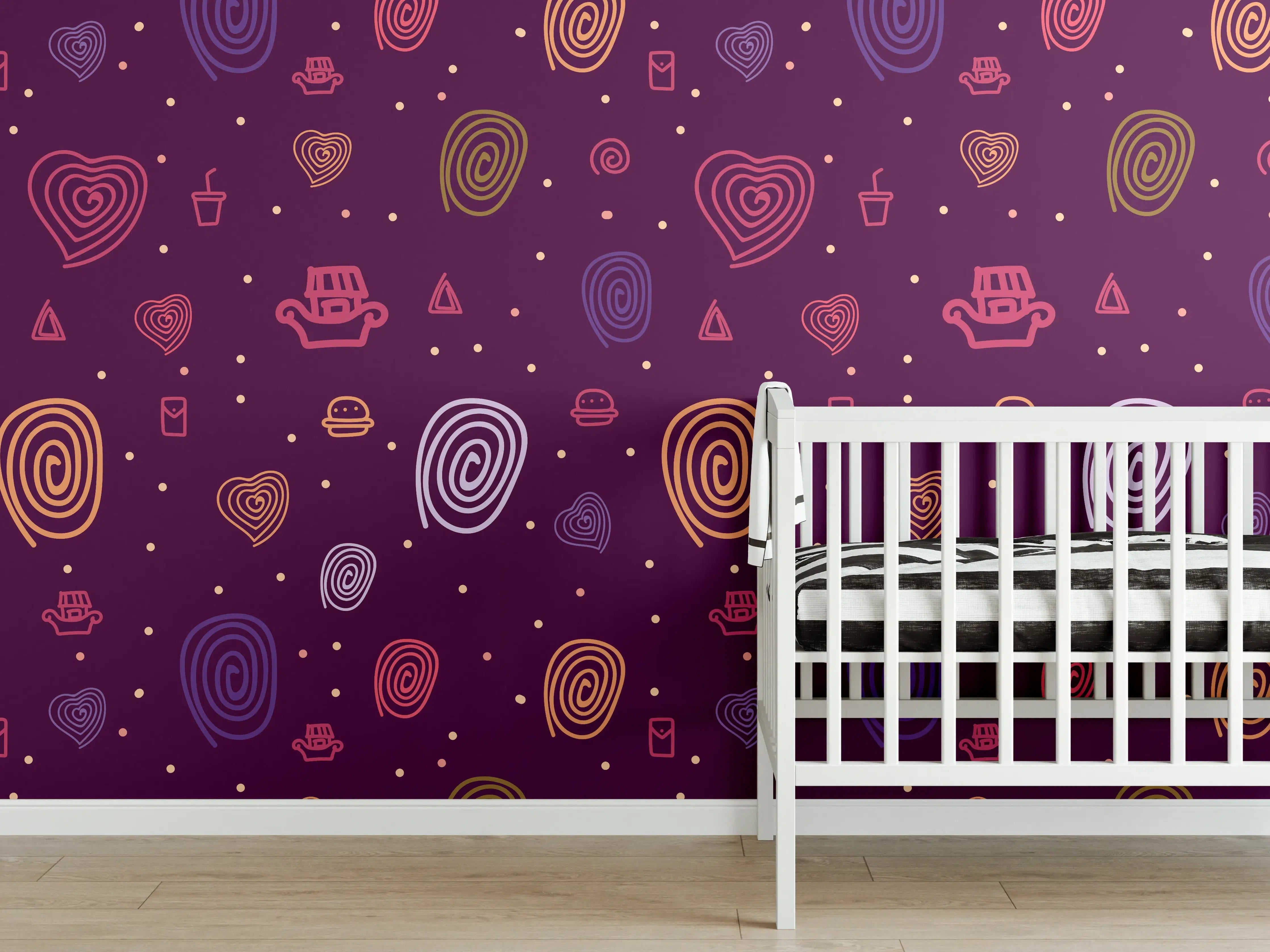 Babyzimmer Wandgestaltung - Bunte Herzmuster im Weltraum-Design
