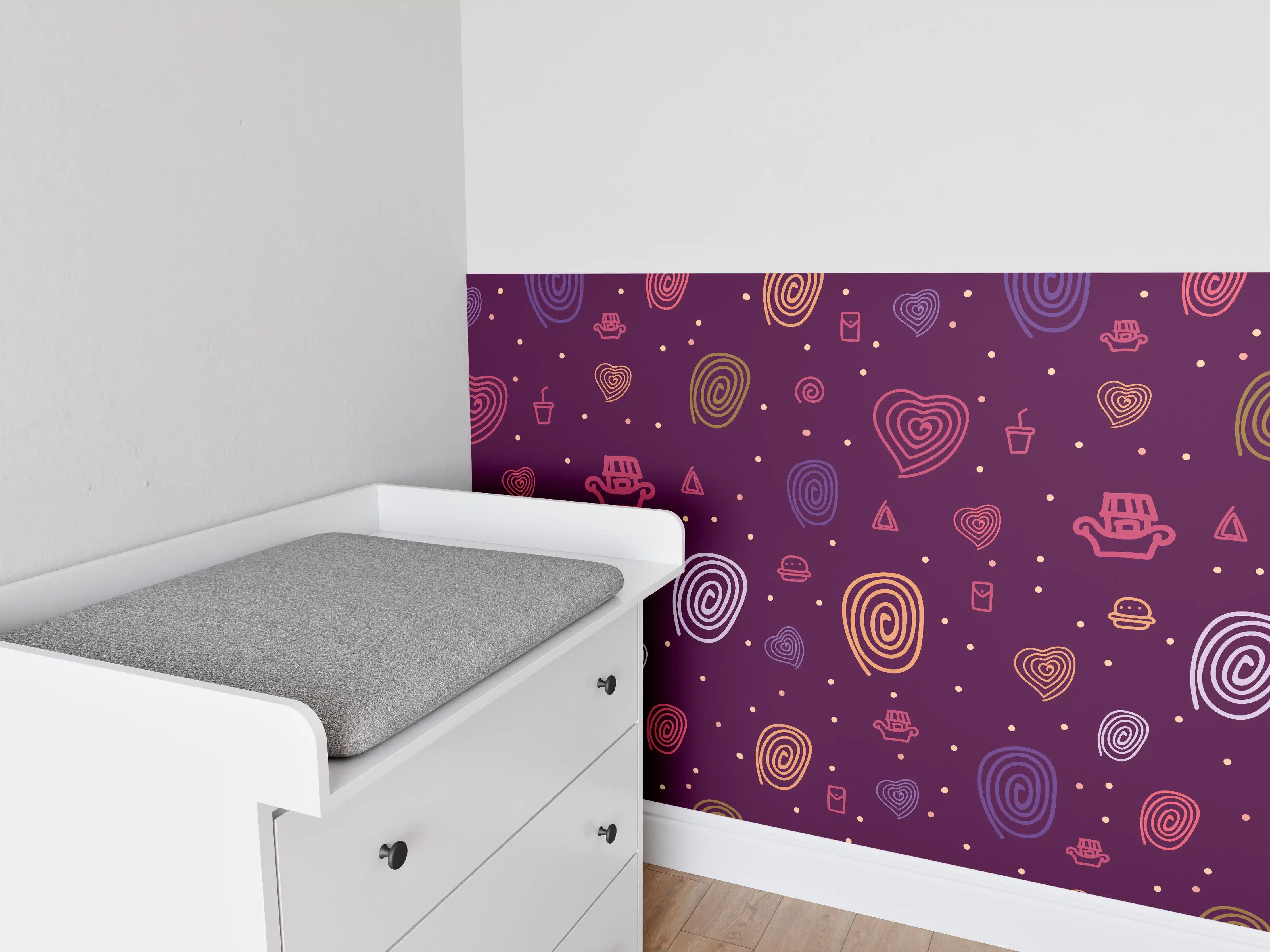 Babyzimmer Wandgestaltung - Bunte Herzmuster im Weltraum-Design