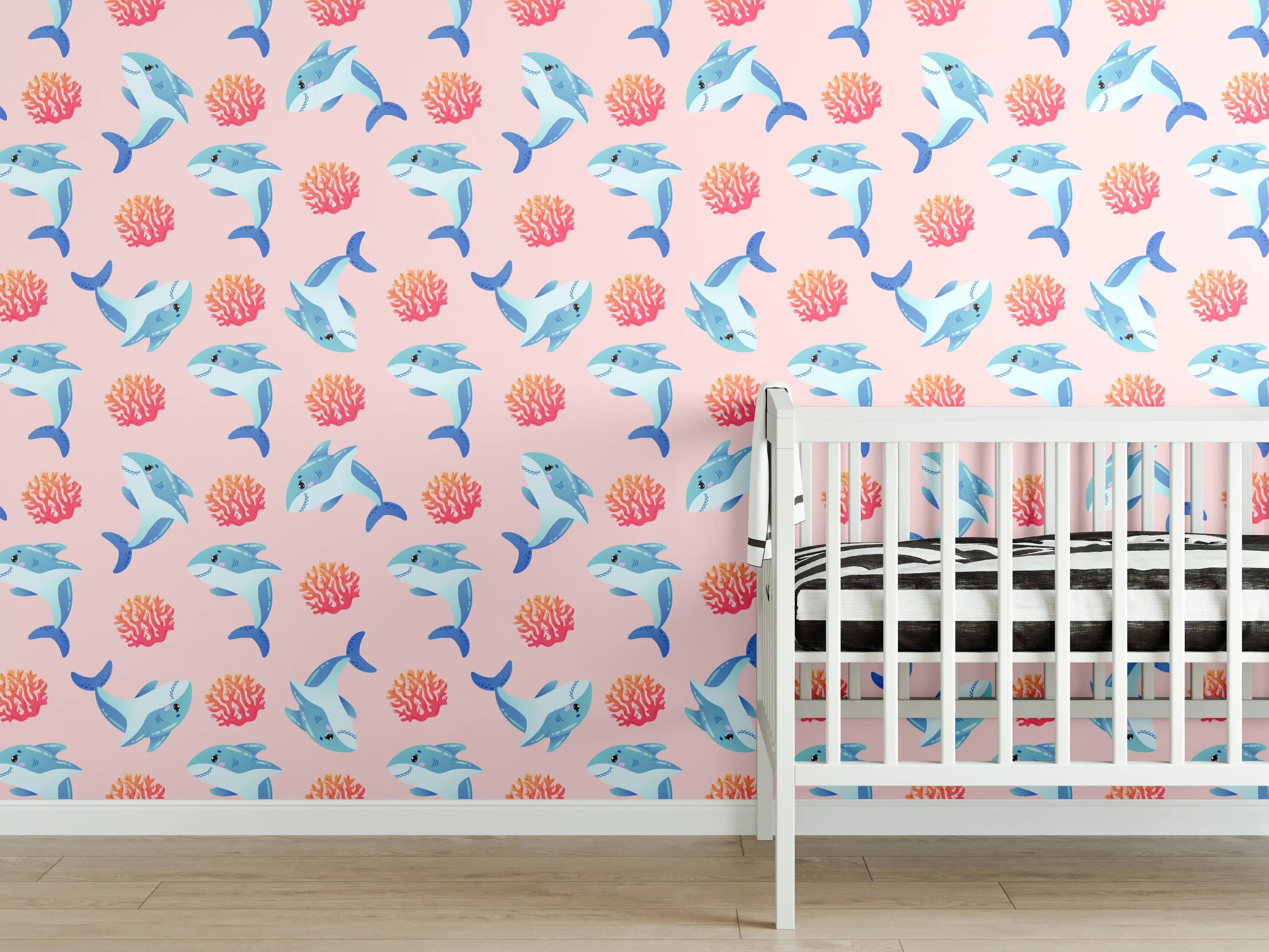 Babyzimmer Wandgestaltung - Bunte Hummingbird und Korallen auf hellem Hintergrund
