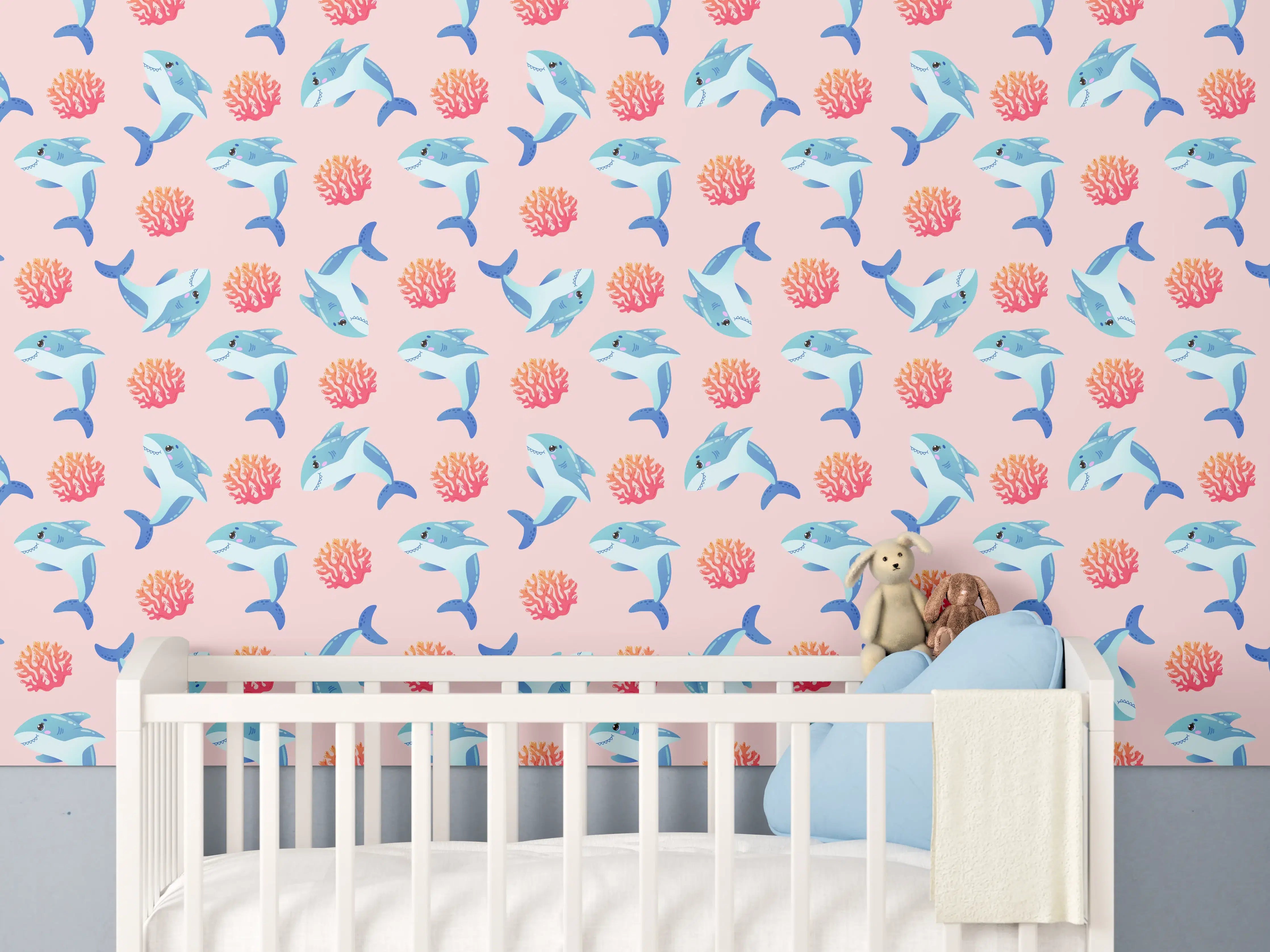 Babyzimmer Wandgestaltung - Bunte Hummingbird und Korallen auf hellem Hintergrund
