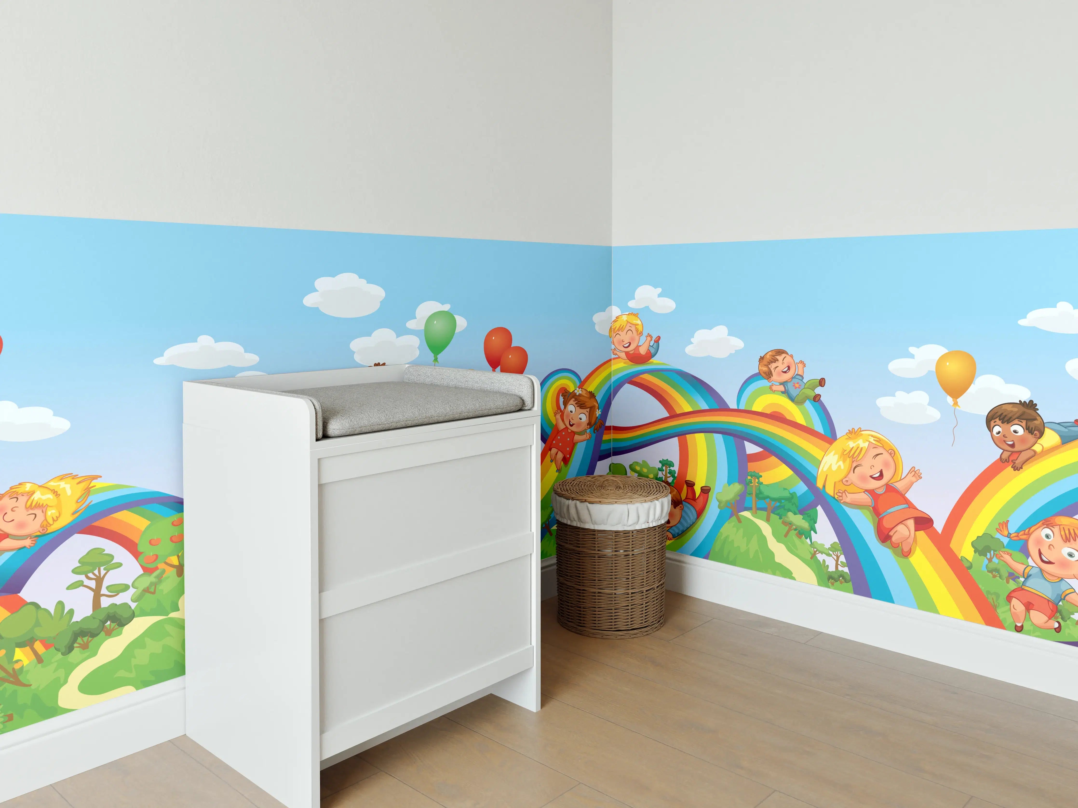 Babyzimmer Wandgestaltung - Bunte Kinderparadies-Illustration mit Regenbögen