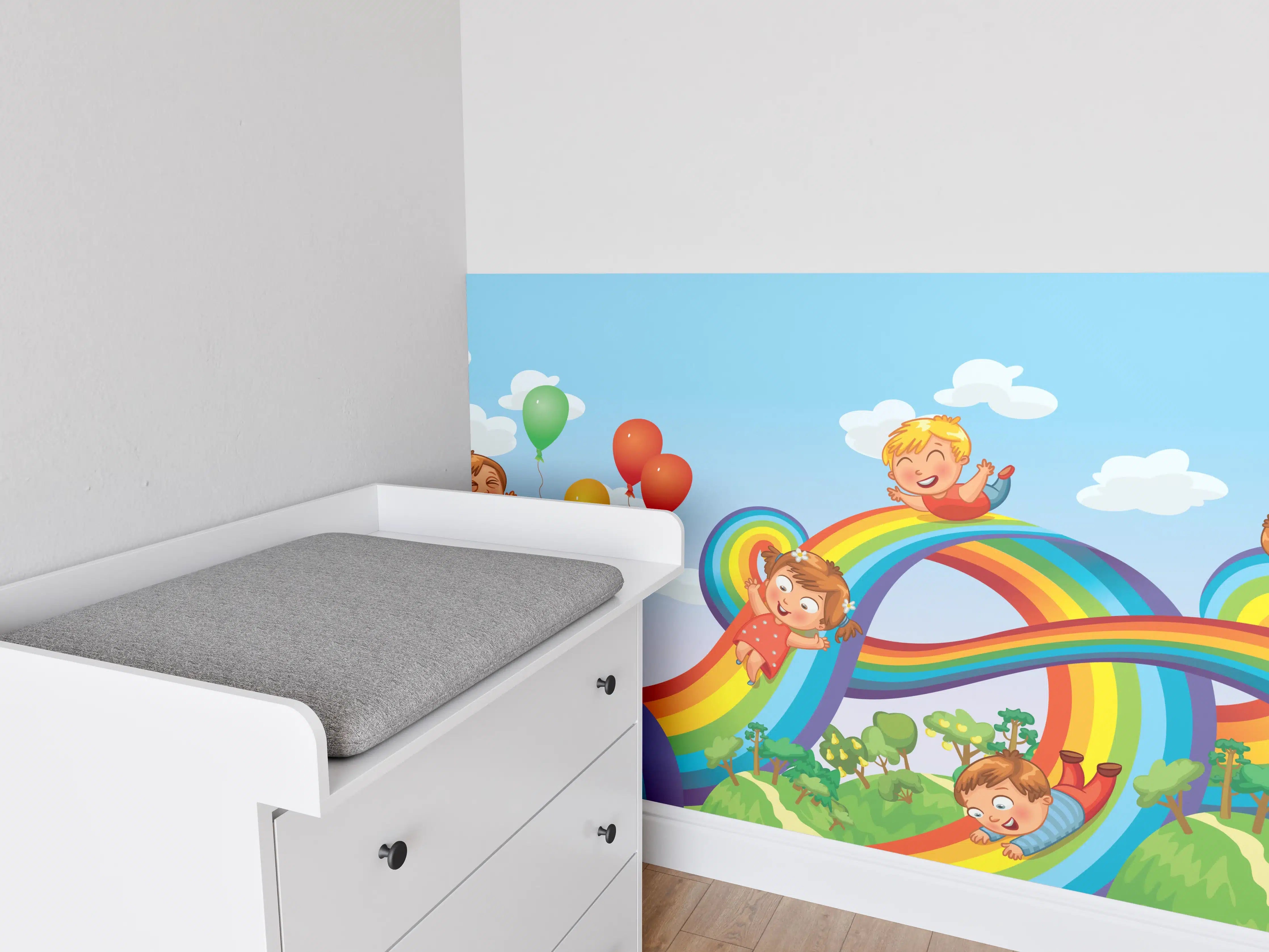 Babyzimmer Wandgestaltung - Bunte Kinderparadies-Illustration mit Regenbögen