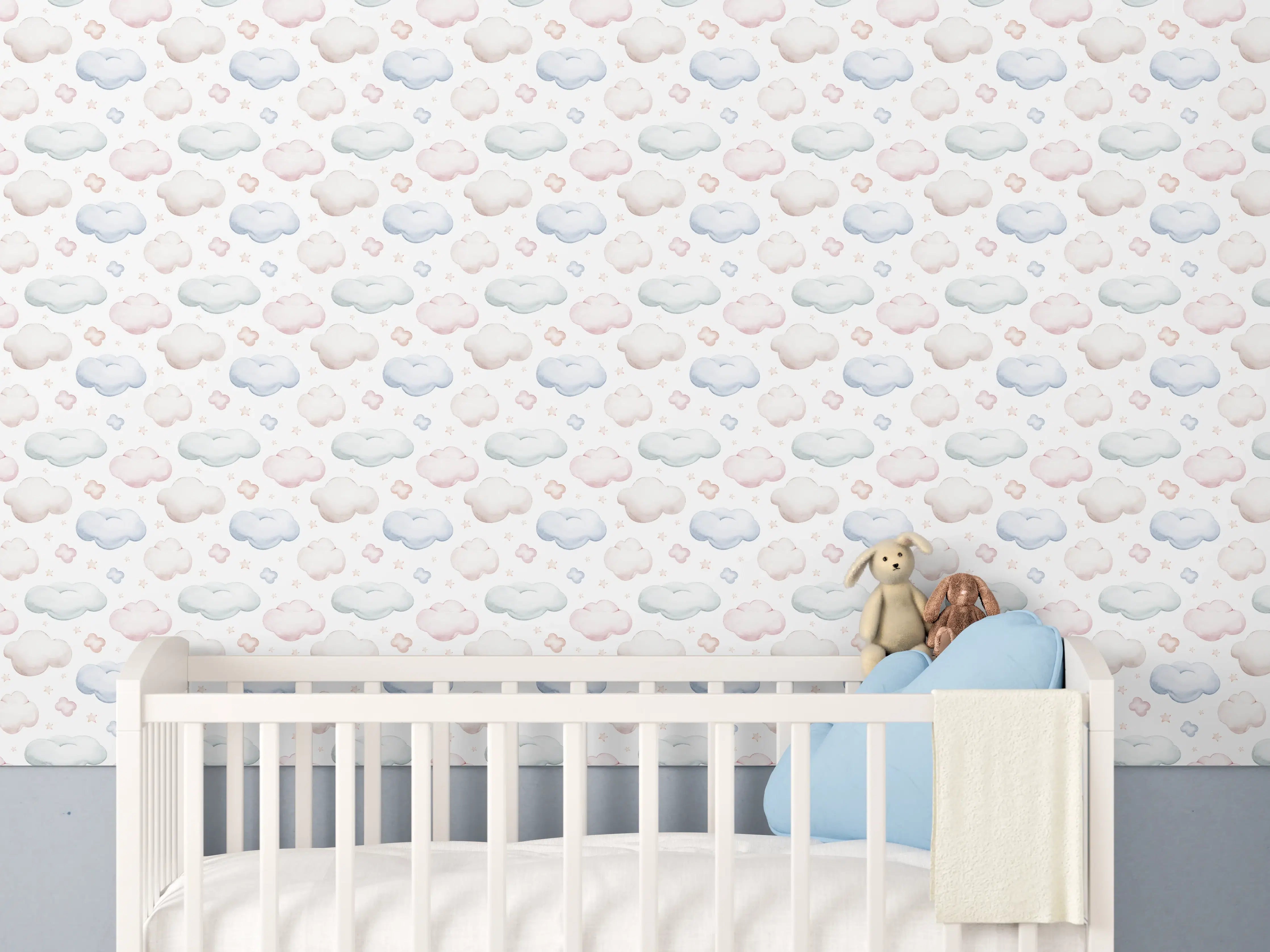 Babyzimmer Wandgestaltung - Bunte Kinderwolken in Pastellfarben